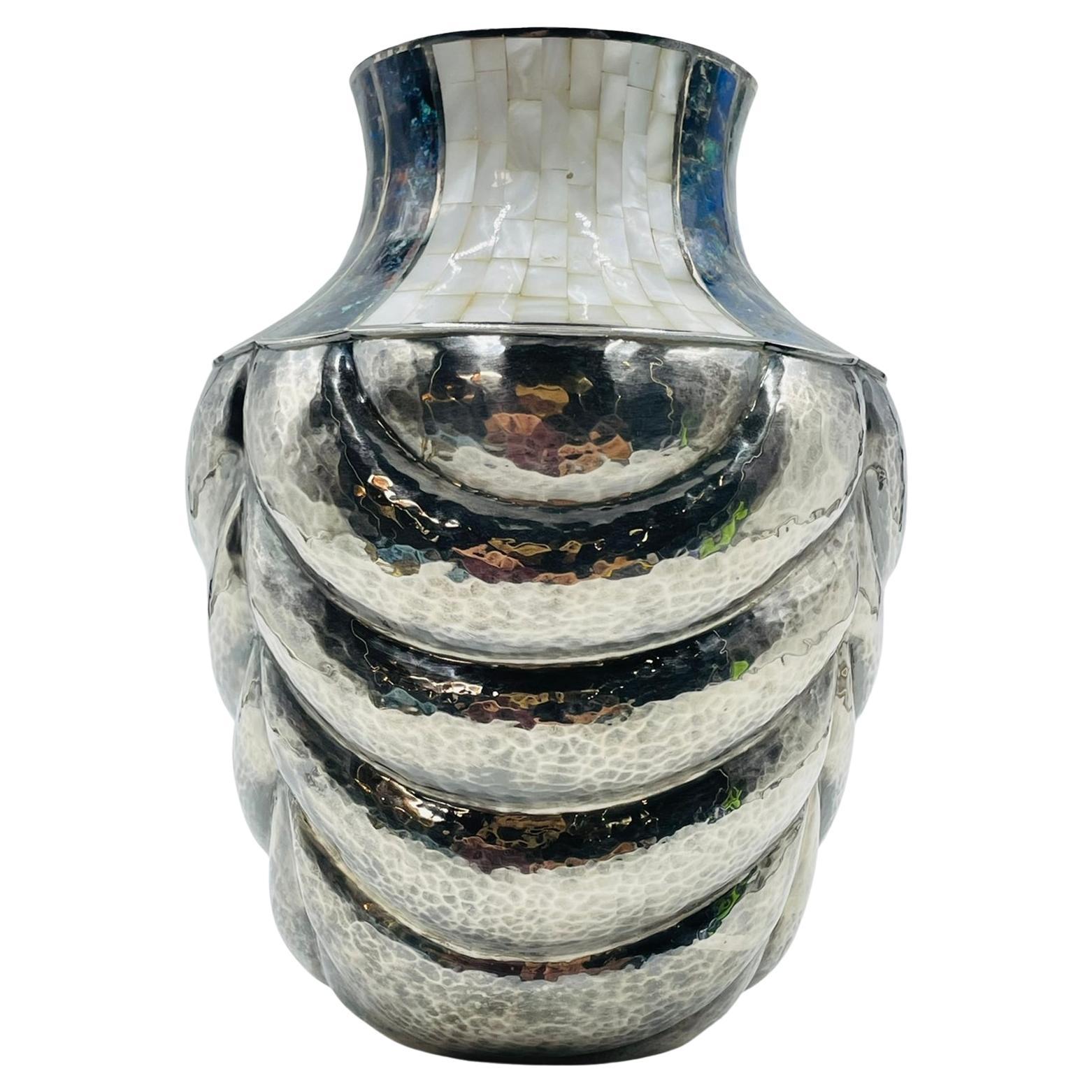 Los Castillo Studio Vase with Inlay and Hammered Finish, Mexico 1970's For Sale