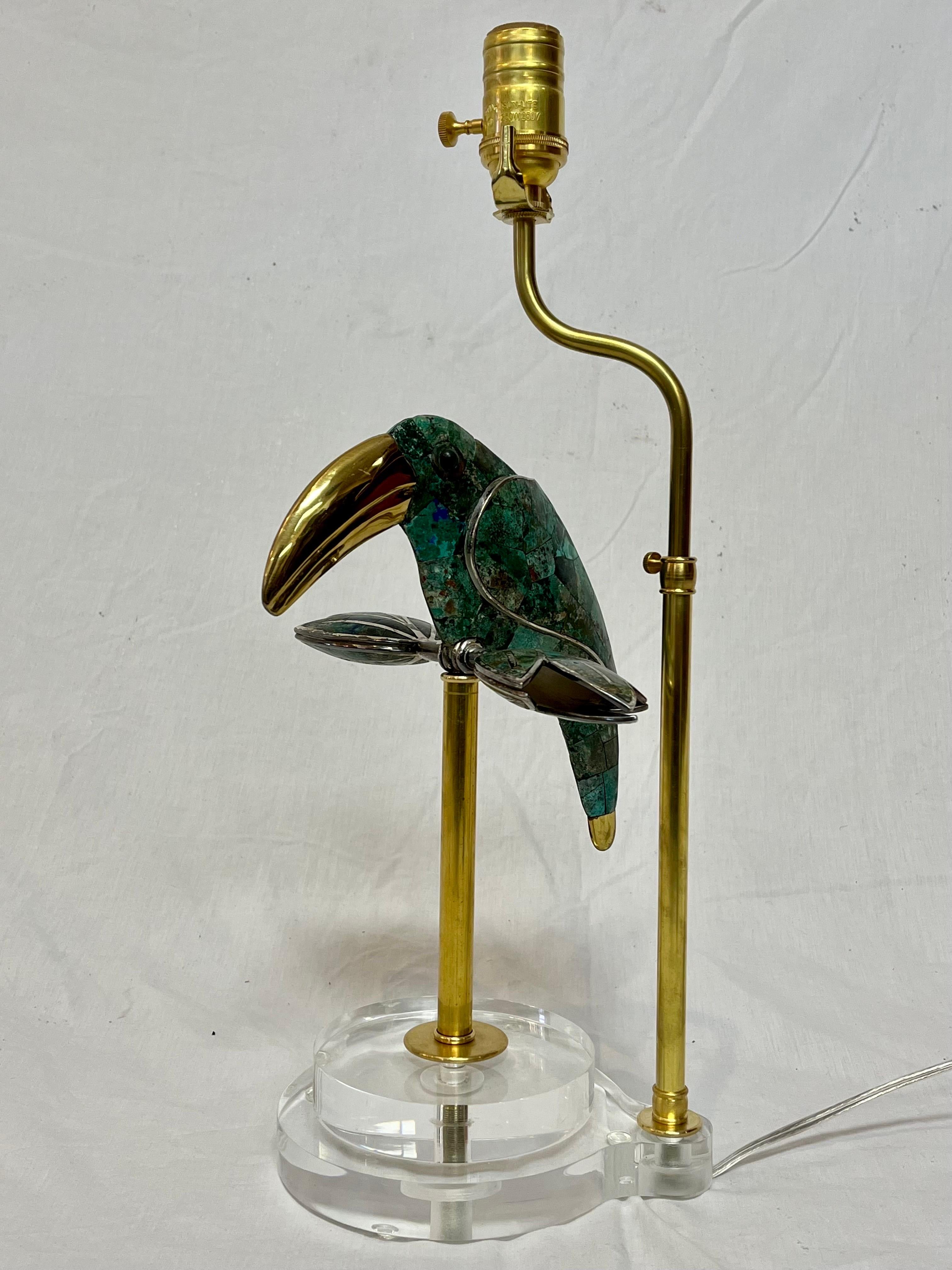 Los Castillo Style Bird Toucan Turquoise and Silver Table Lamp with Brass Lucite 4