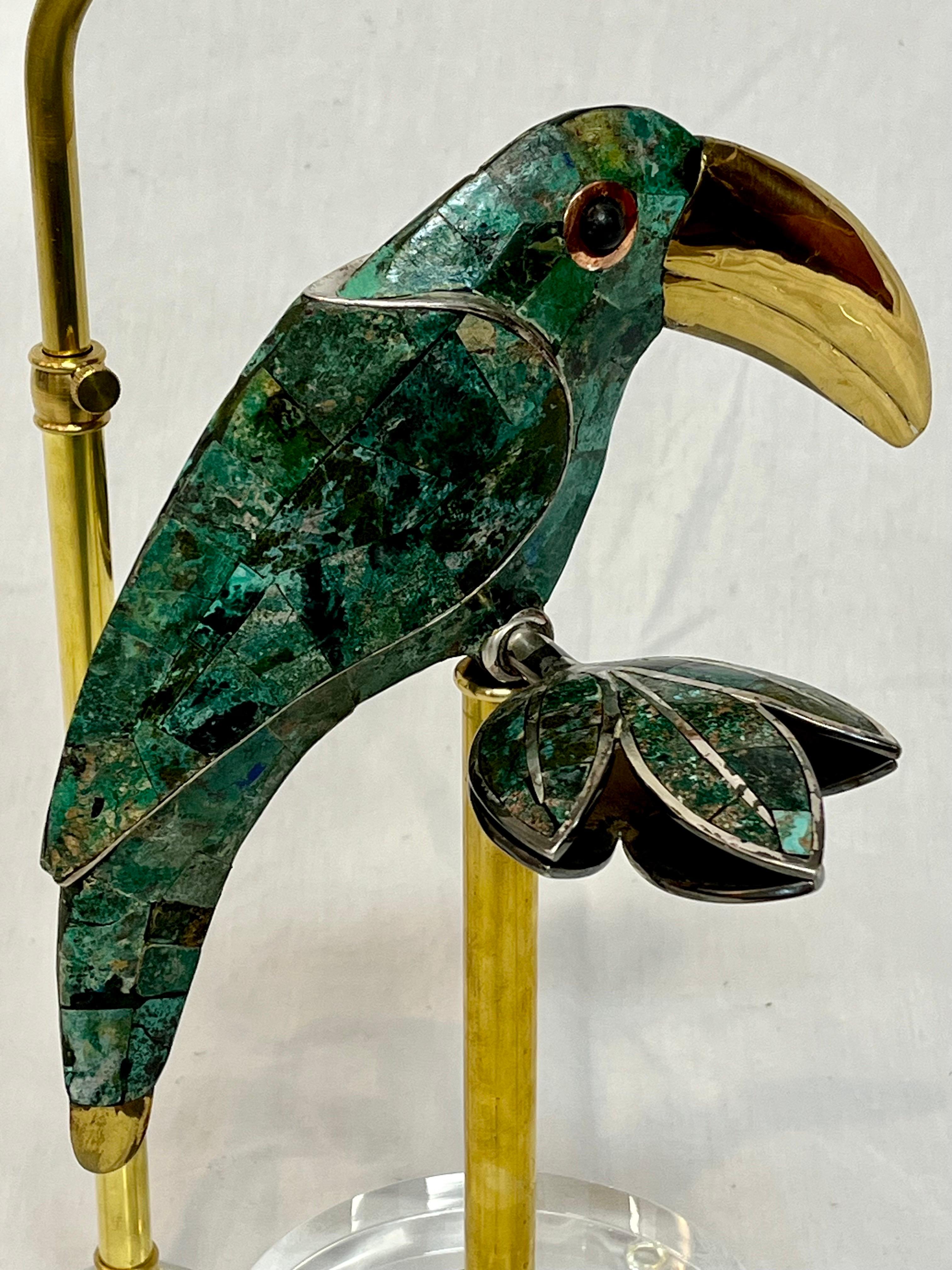 Los Castillo Style Bird Toucan Turquoise and Silver Table Lamp with Brass Lucite 9