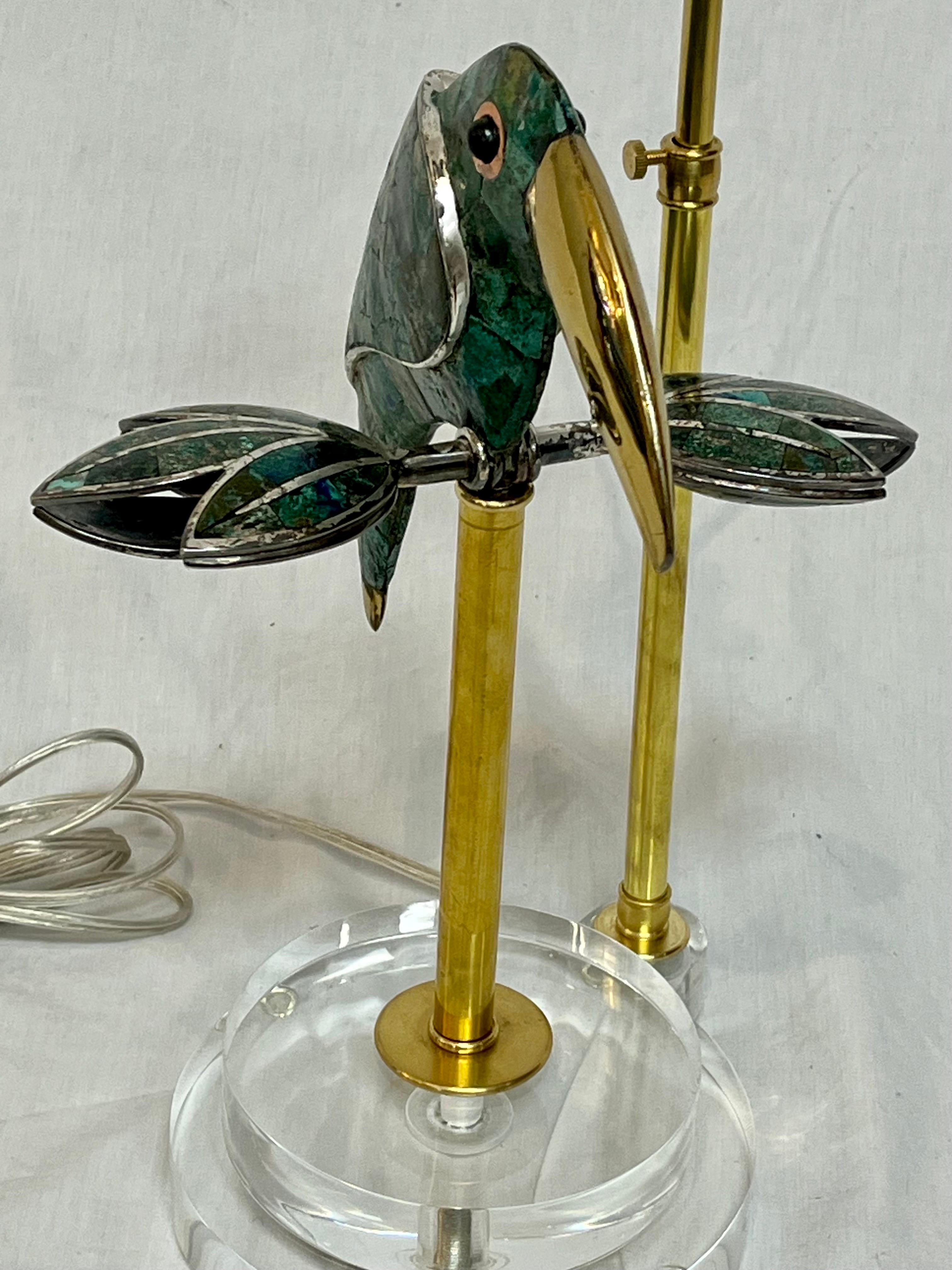 Los Castillo Style Bird Toucan Turquoise and Silver Table Lamp with Brass Lucite In Good Condition In Atlanta, GA