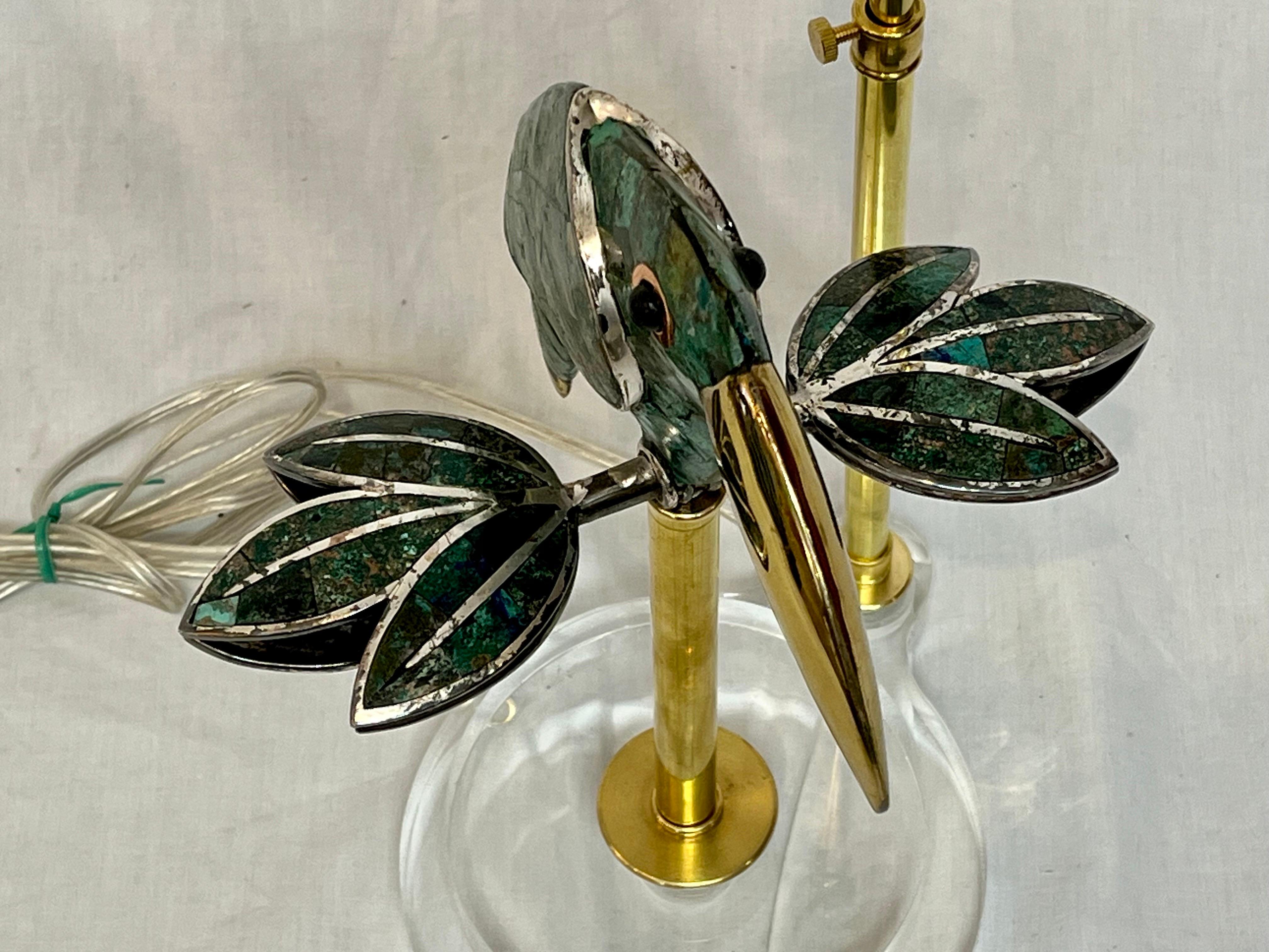 20th Century Los Castillo Style Bird Toucan Turquoise and Silver Table Lamp with Brass Lucite