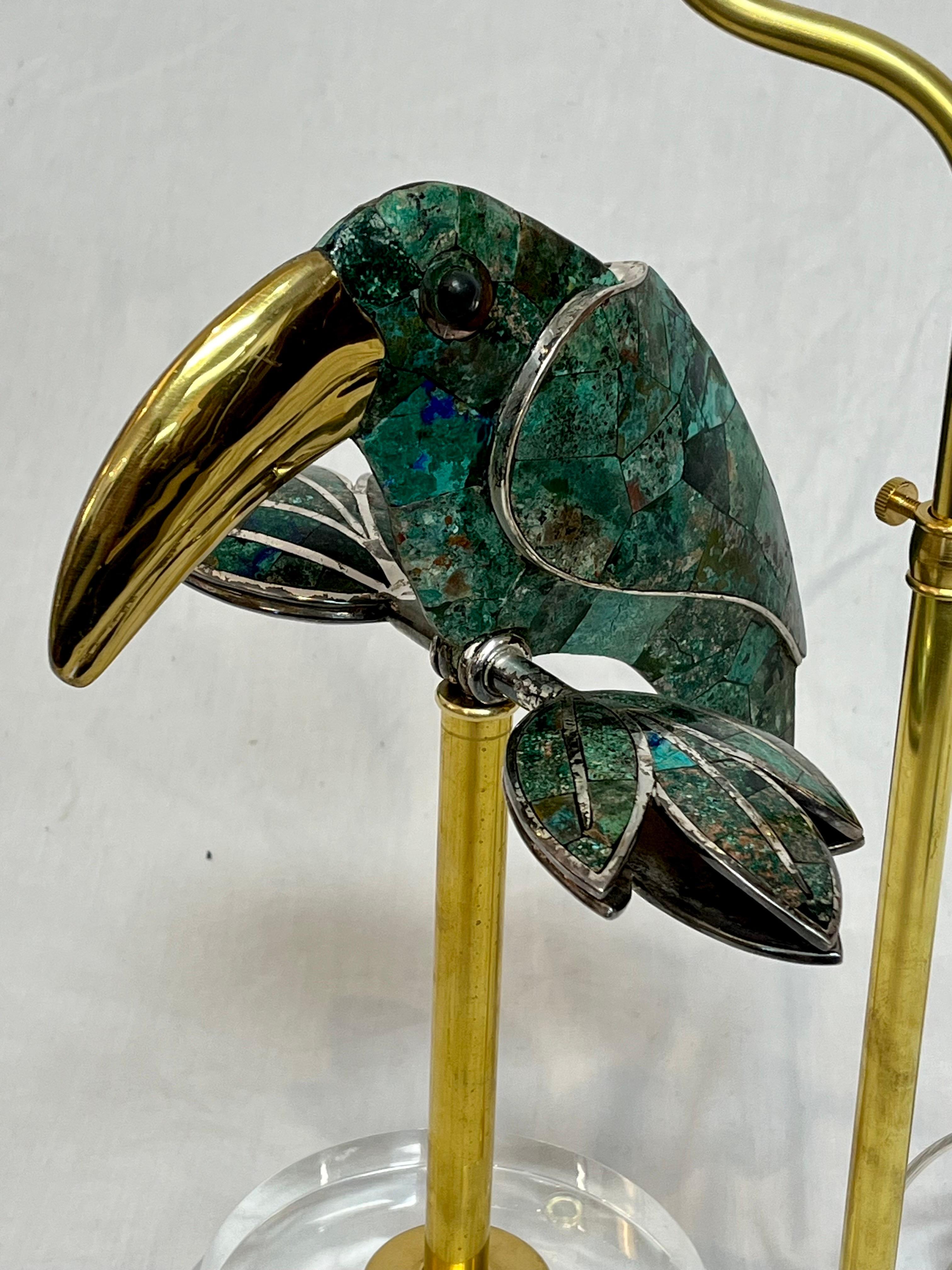 Metal Los Castillo Style Bird Toucan Turquoise and Silver Table Lamp with Brass Lucite