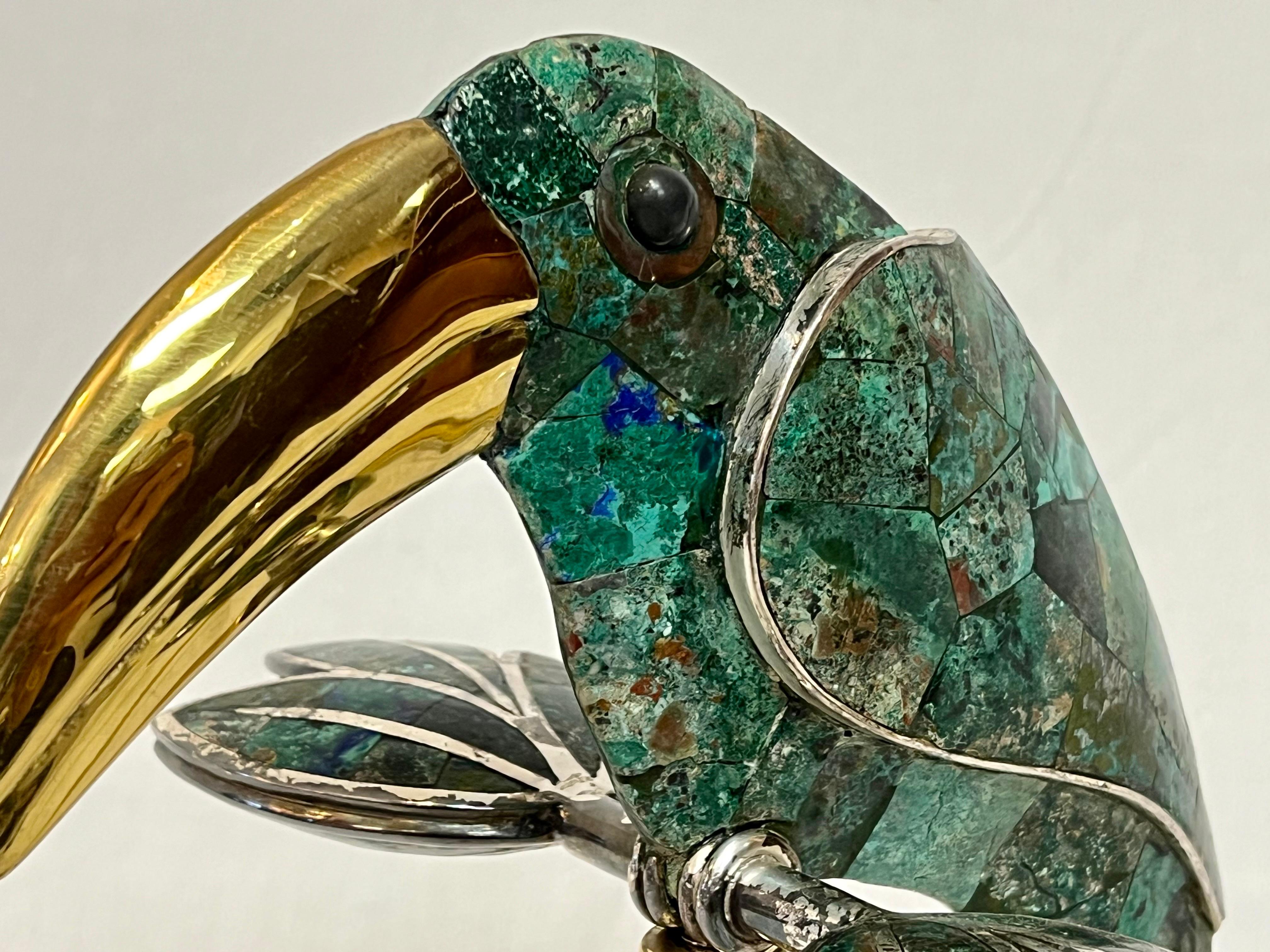 Los Castillo Style Bird Toucan Turquoise and Silver Table Lamp with Brass Lucite 2