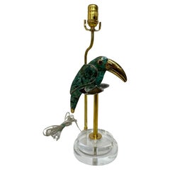 Retro Los Castillo Style Bird Toucan Turquoise and Silver Table Lamp with Brass Lucite