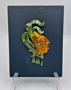 Los Castillo Style Brass, Copper & Malachite Aztec Wall Sculpture, 1950s Mexico