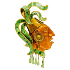 Los Castillo Style Brass, Copper 
Malachite Aztec Wall Sculpture, 1950s Mexico
