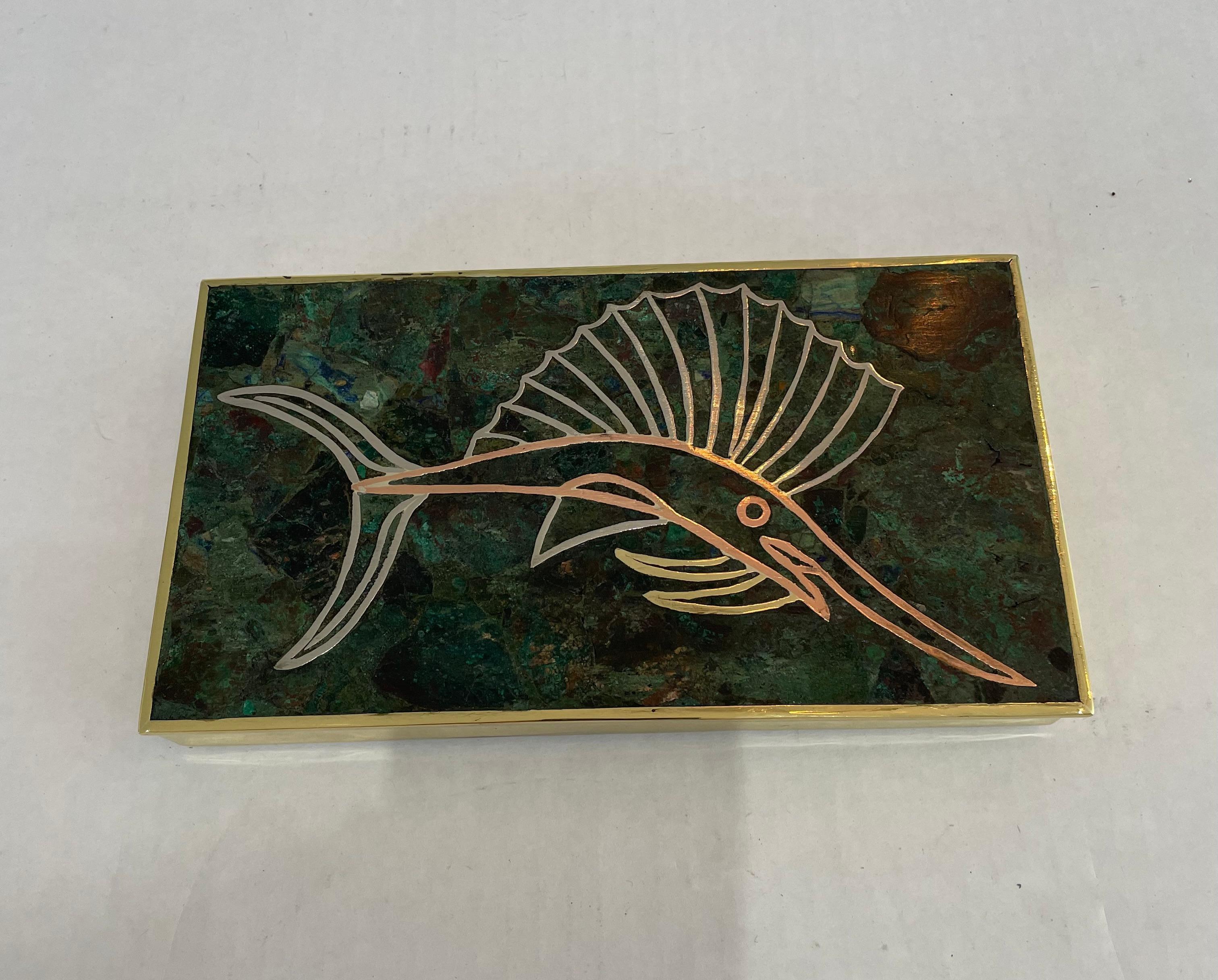 This stylish and chic mixed metal and lapis box dates to the 1950s-1960s and is very much in the manner of pieces created by Los Castillo.  We have had the piece professionally polished and finished with a clear lacquer so no tarnishing in the