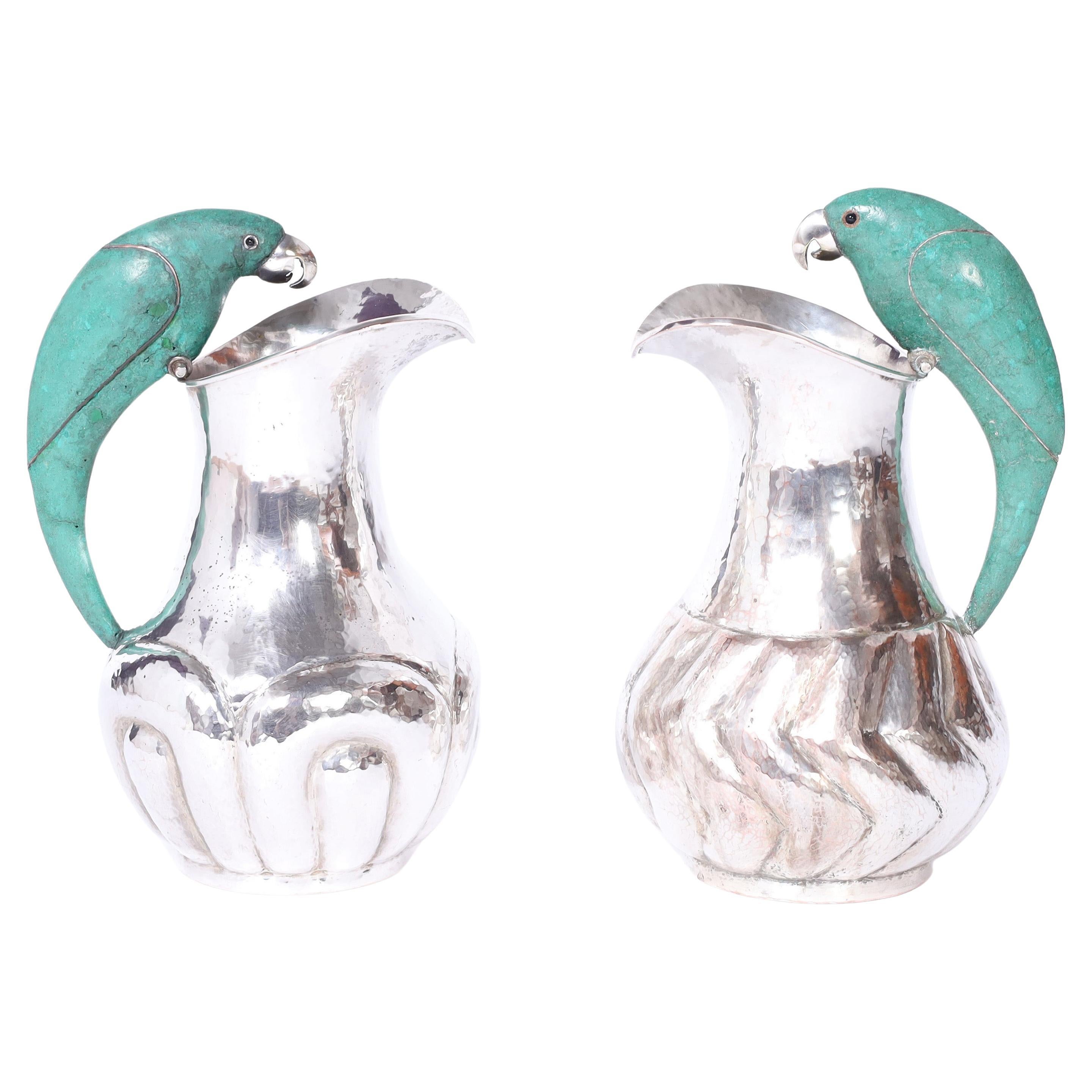 Los Castillo Style Near Pair of Mid Century Silver Plate Pitchers with Parrots For Sale