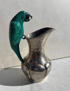 Los Castillo style silver - plate and stone, turquoise pitcher Toucan/Parrot .