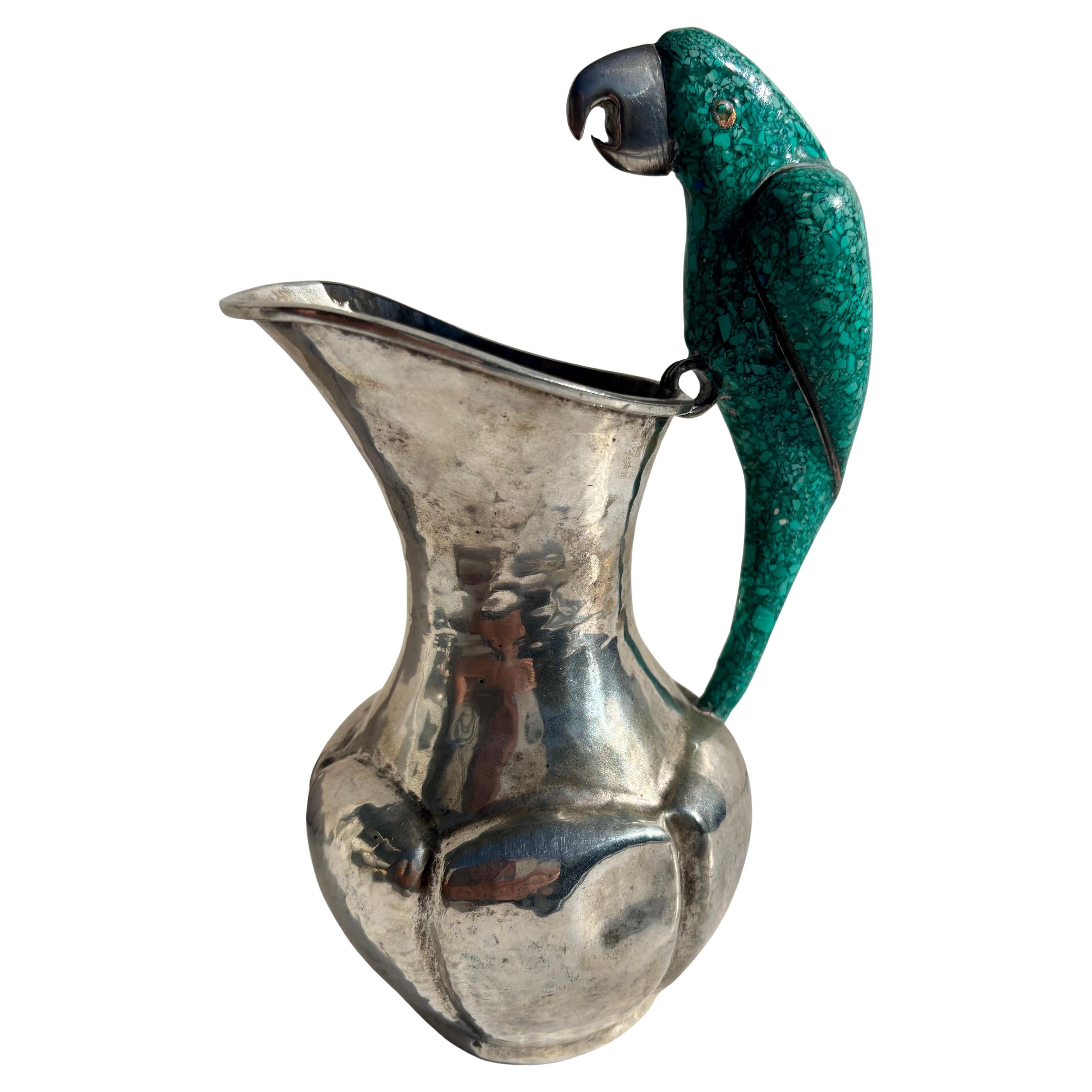 Los Castillo style silver - plate and stone, turquoise pitcher Toucan/Parrot .