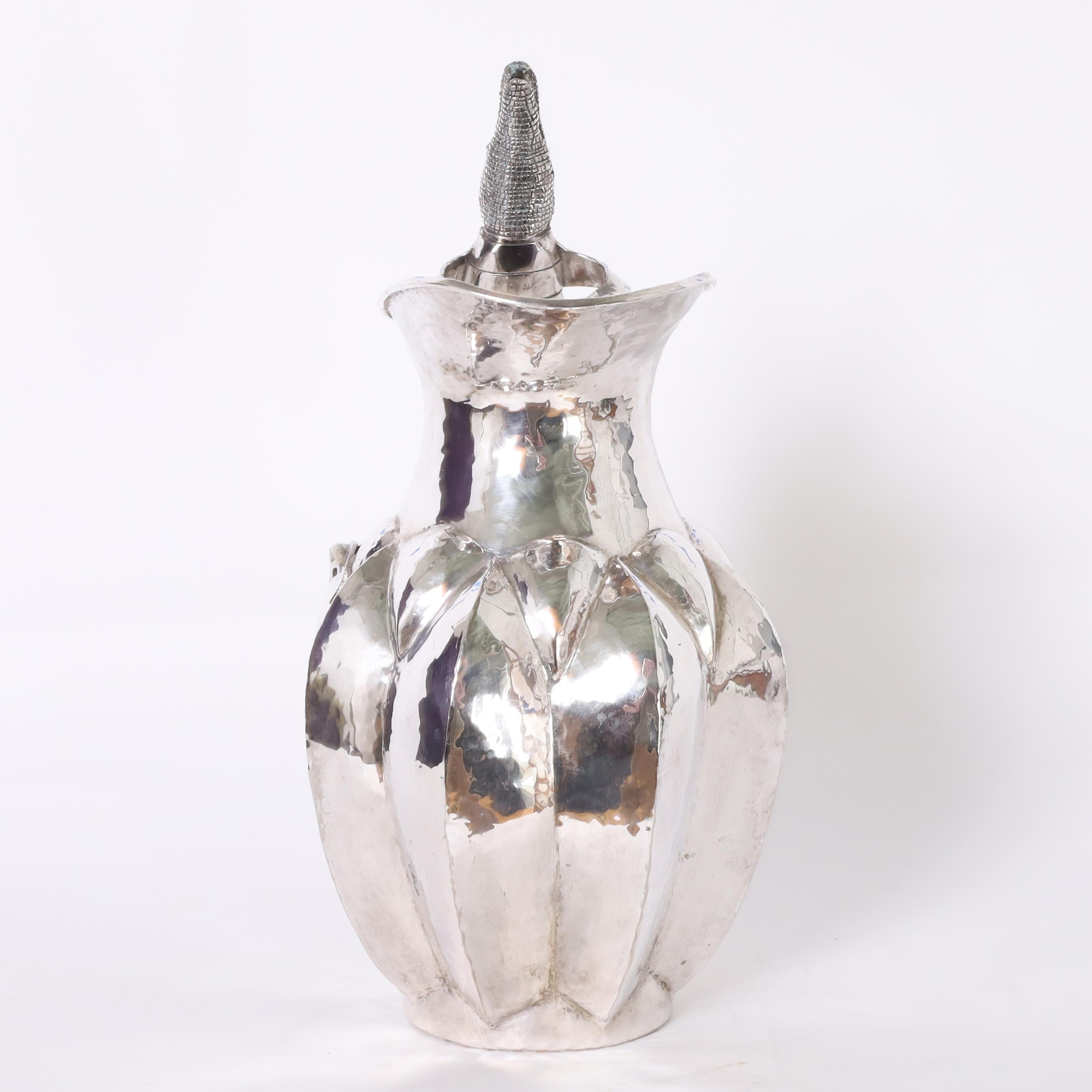 Mexican Los Castillo Style Silver Plate Pitcher with Alligator or Lizard For Sale