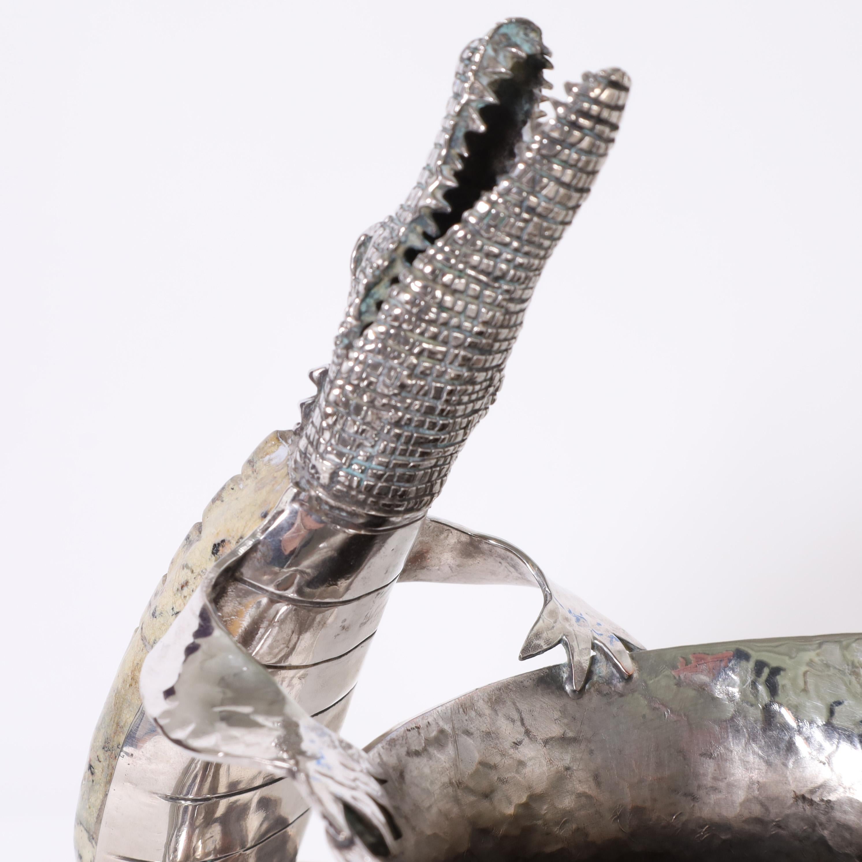 Los Castillo Style Silver Plate Pitcher with Alligator or Lizard In Good Condition For Sale In Palm Beach, FL
