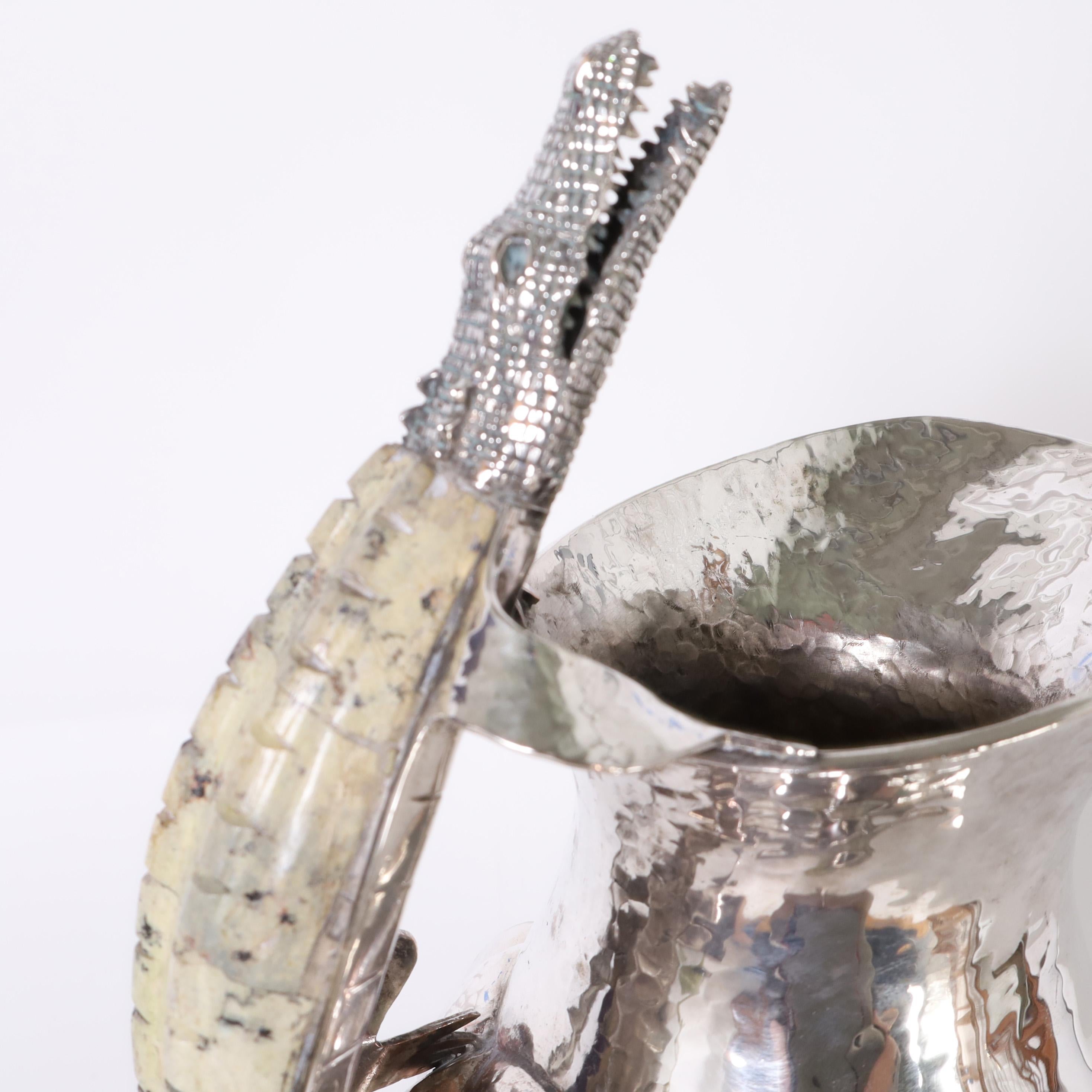 20th Century Los Castillo Style Silver Plate Pitcher with Alligator or Lizard For Sale