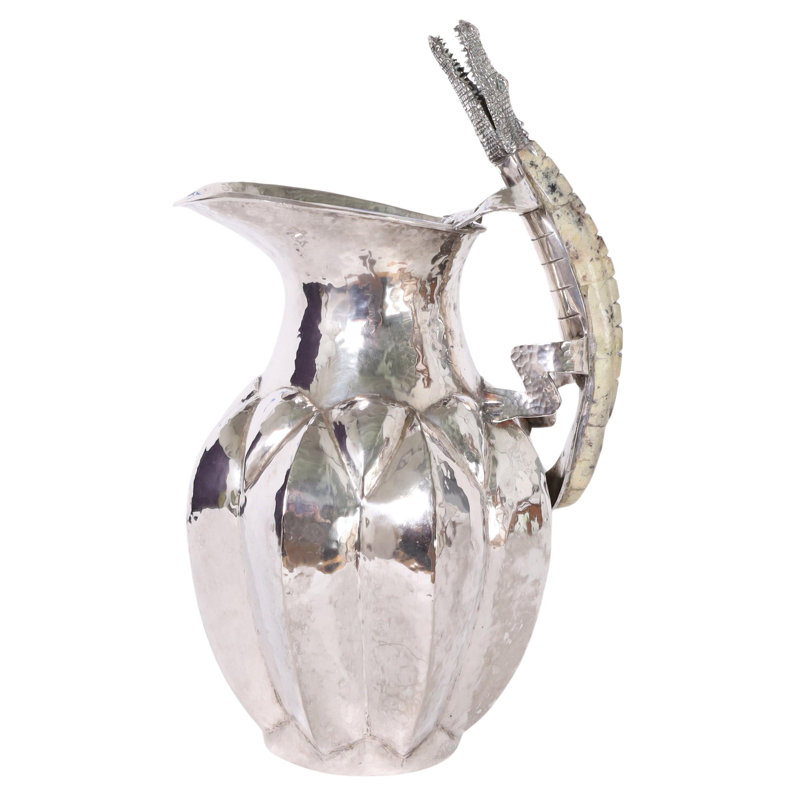 Los Castillo Style Silver Plate Pitcher with Alligator or Lizard For Sale