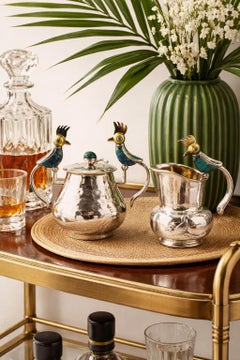 Los Castillo Taxco Bird of Paradise Creamer & Sugar w Malachite Lapis, Mexican