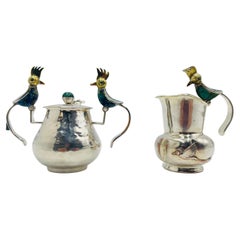 Los Castillo Taxco Bird of Paradise Creamer & Sugar w Malachite Lapis, Mexican