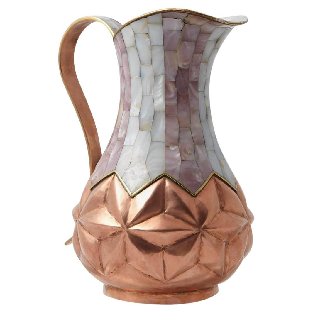 Los Castillo Taxco Hammered Brass and Silver Plate Pitcher with Abalone Inlays