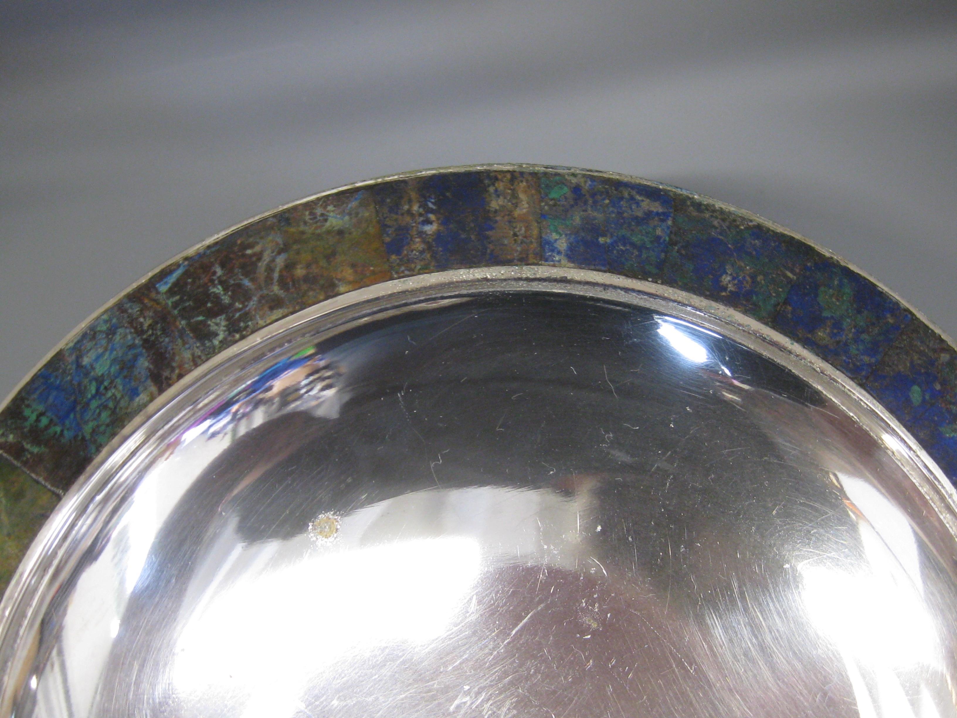 Fait main Los Castillo Taxco Mexico, bol en métal argenté avec turquoise et malachite, fait à la main en vente