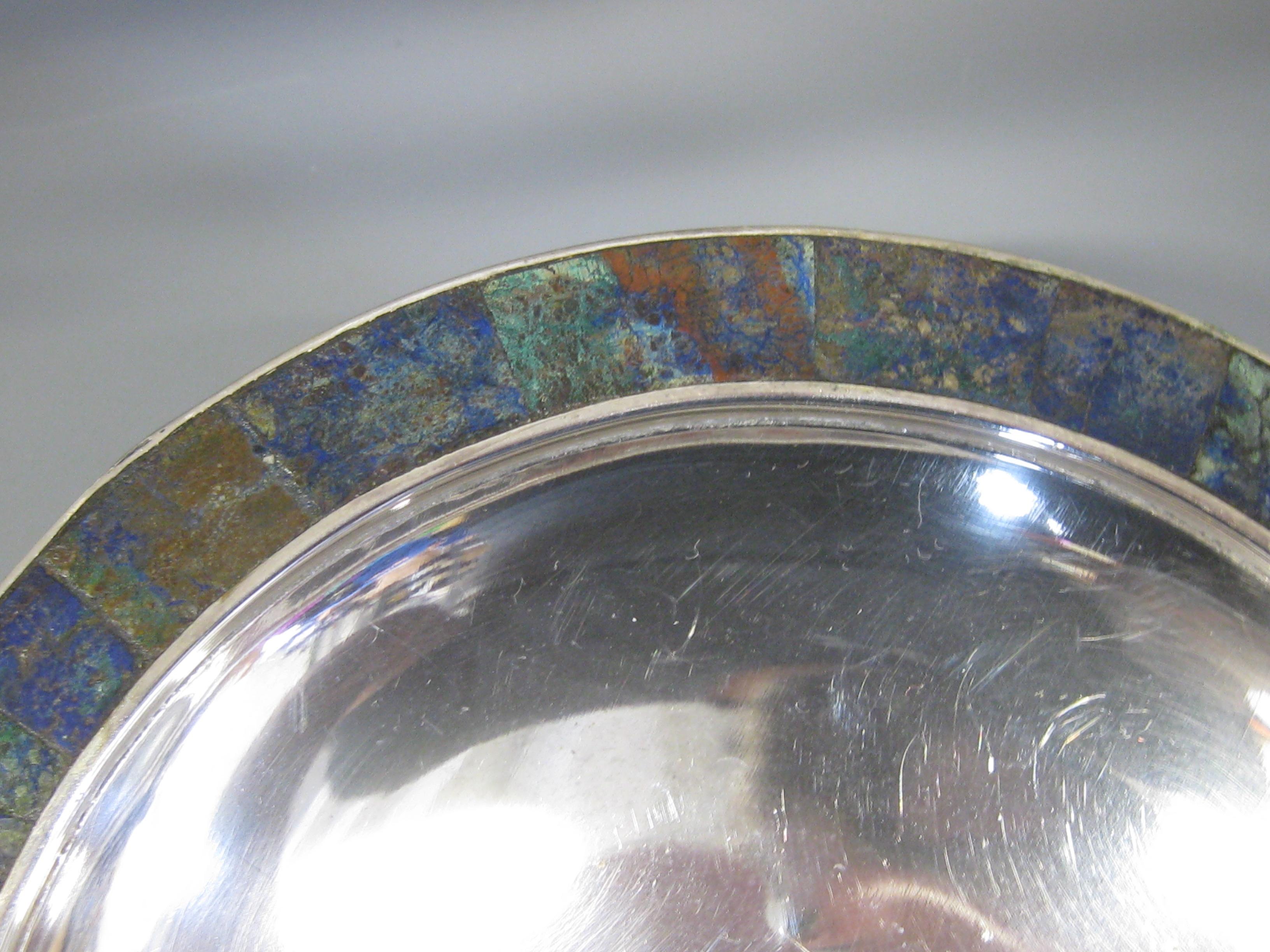 20th Century Los Castillo Taxco Handcrafted Mexico Silverplate Turquoise & Malachite Bowl For Sale