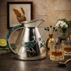 Los Castillo Taxco Malachite & Silver Plate Bird Pitcher, Mexico 1960s