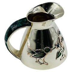 Los Castillo Taxco Malachite & Silver Plate Bird Pitcher, Mexico 1960s
