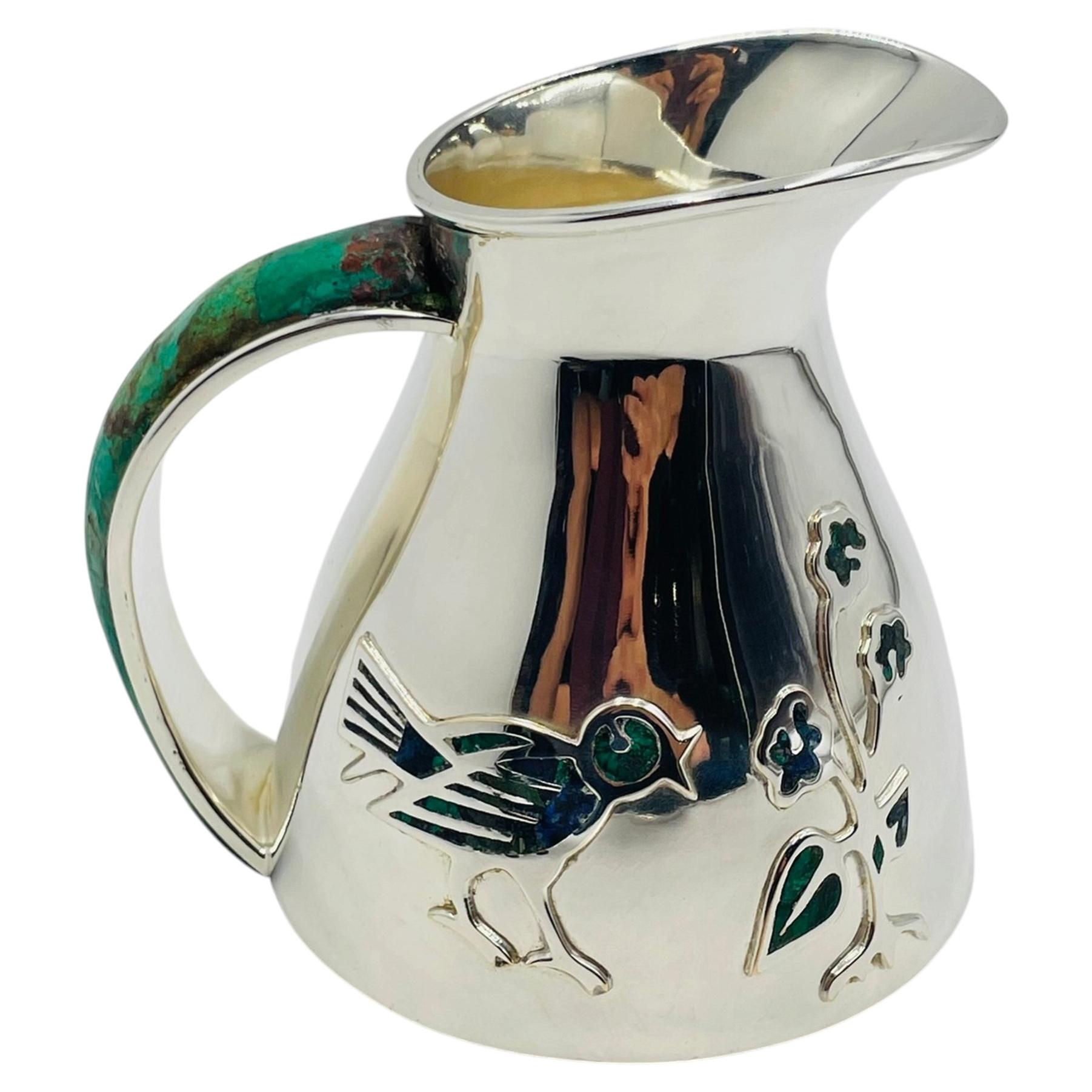Los Castillo Taxco Malachite & Silver Plate Bird Pitcher, Mexico 1960s For Sale