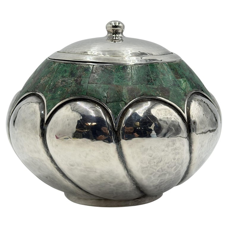 Los Castillo Taxco Malachite Silver Plate Lidded Bowl, Mexican Modernist Silver