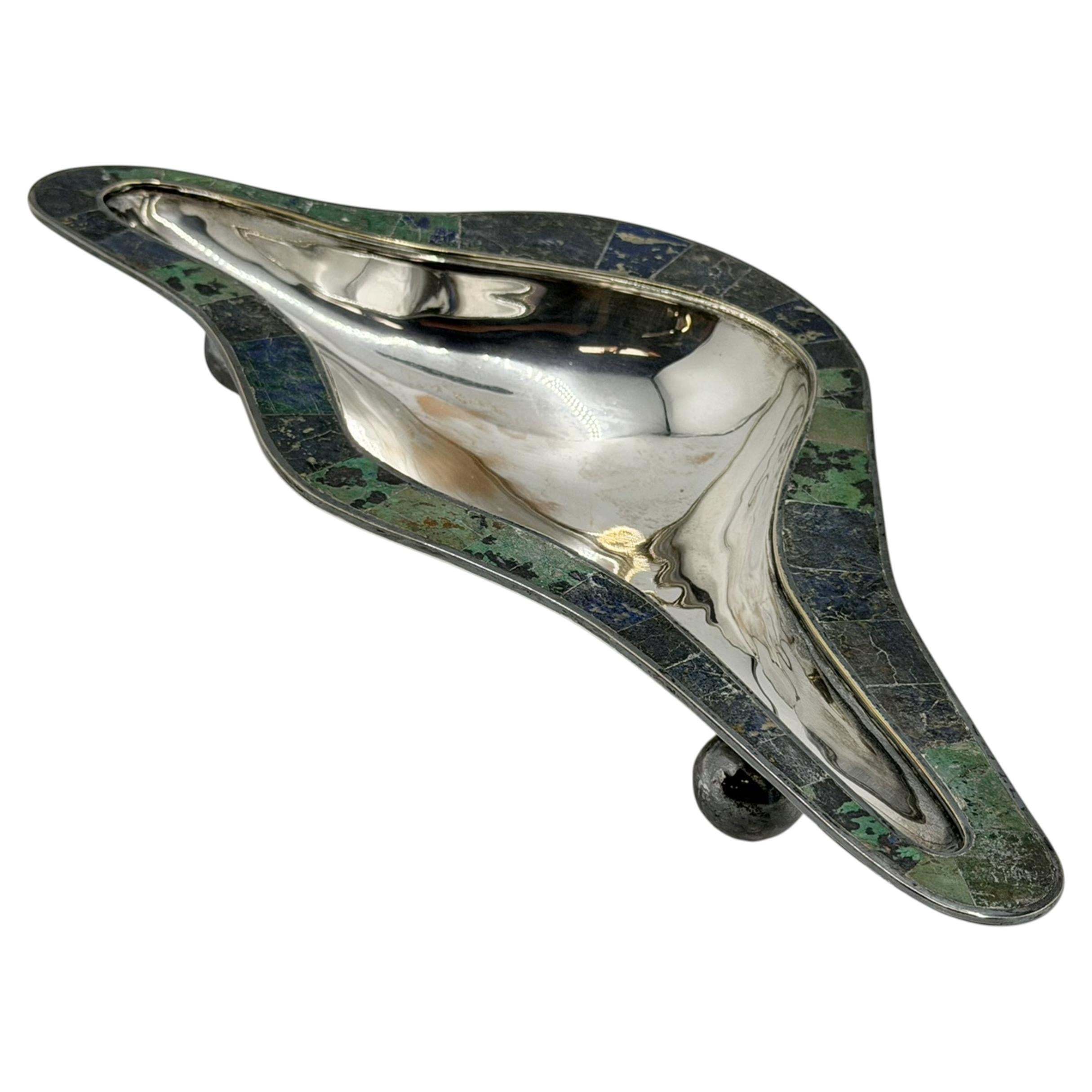 Los Castillo Taxco Modernist Silver Plate Malachite & Lapis Centerpiece Bowl For Sale