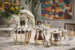 Los Castillo Taxco Parrot Pitcher Tea Set Silver Plate Hardstone 1960s