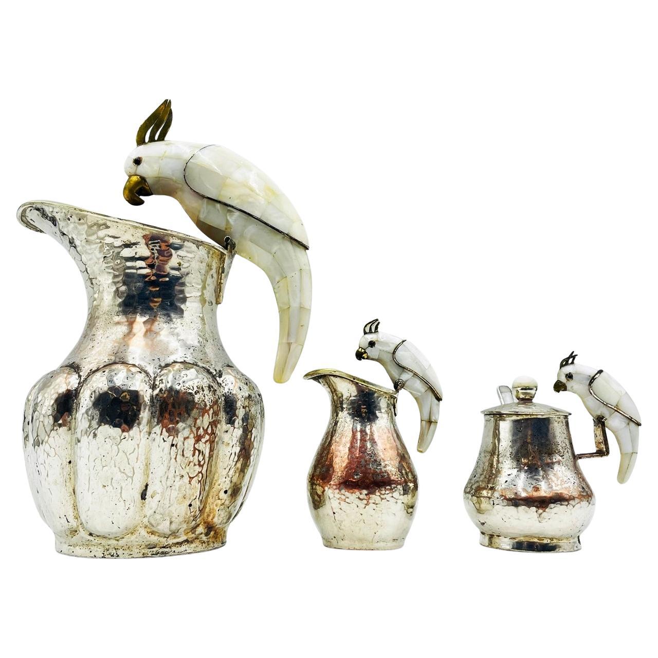 Los Castillo Taxco Parrot Pitcher Tea Set Silver Plate Hardstone 1960s