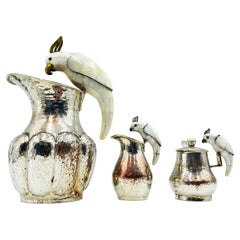 Los Castillo Taxco Parrot Pitcher Tea Set Silver Plate Hardstone 1960s