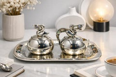 Los Castillo Taxco Pelican Creamer, Sugar & Serving Tray, Mexican Silversmithing