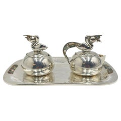 Los Castillo Taxco Pelican Creamer, Sugar & Serving Tray, Mexican Silversmithing