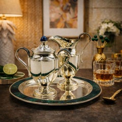 Los Castillo Taxco Silver Azurite Malachite Creamer Sugar Tray Set, Mexican Mod