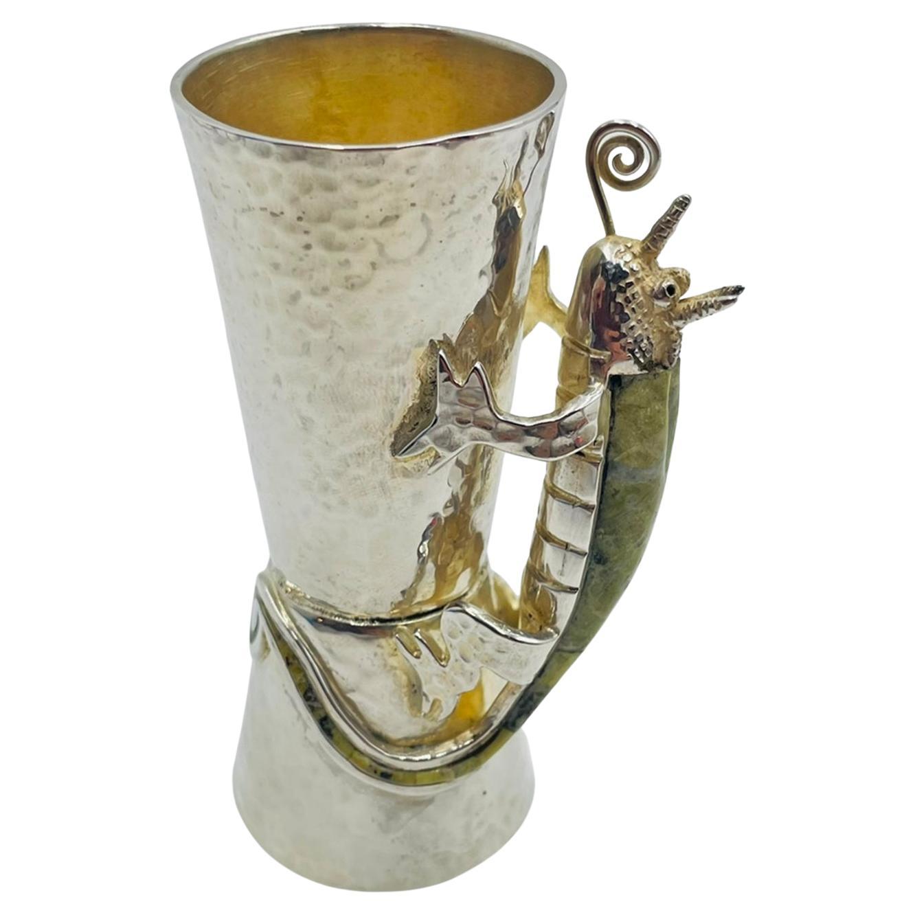 Los Castillo Taxco Silver Plate & Stone Lizard Shot Glass, Mexican Silversmith For Sale