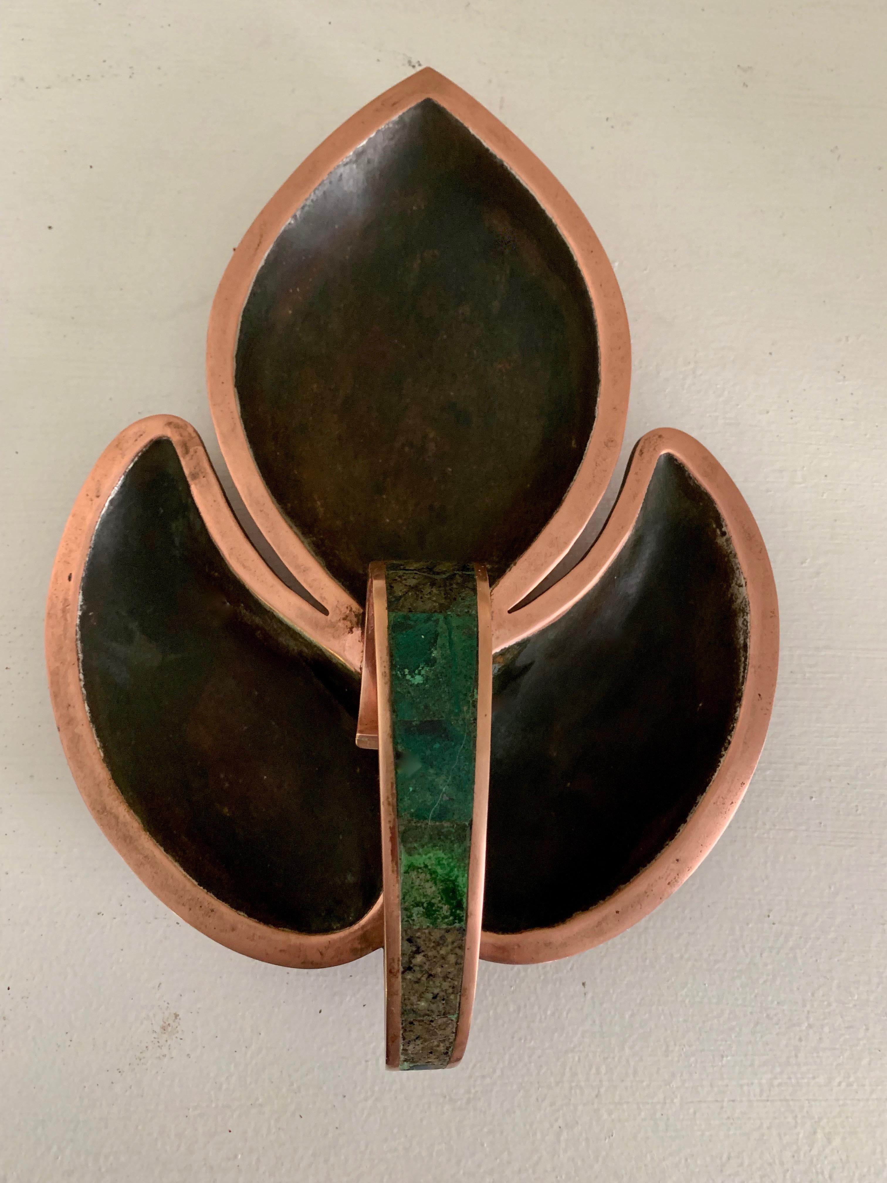 Los Castillo three section copper and malachite handle dish - The bold midcentury look in true Mexican artistry - We have kept the integrity of the patina - could be polished to a high sheen. The dish is a nice compliment to any table serving up