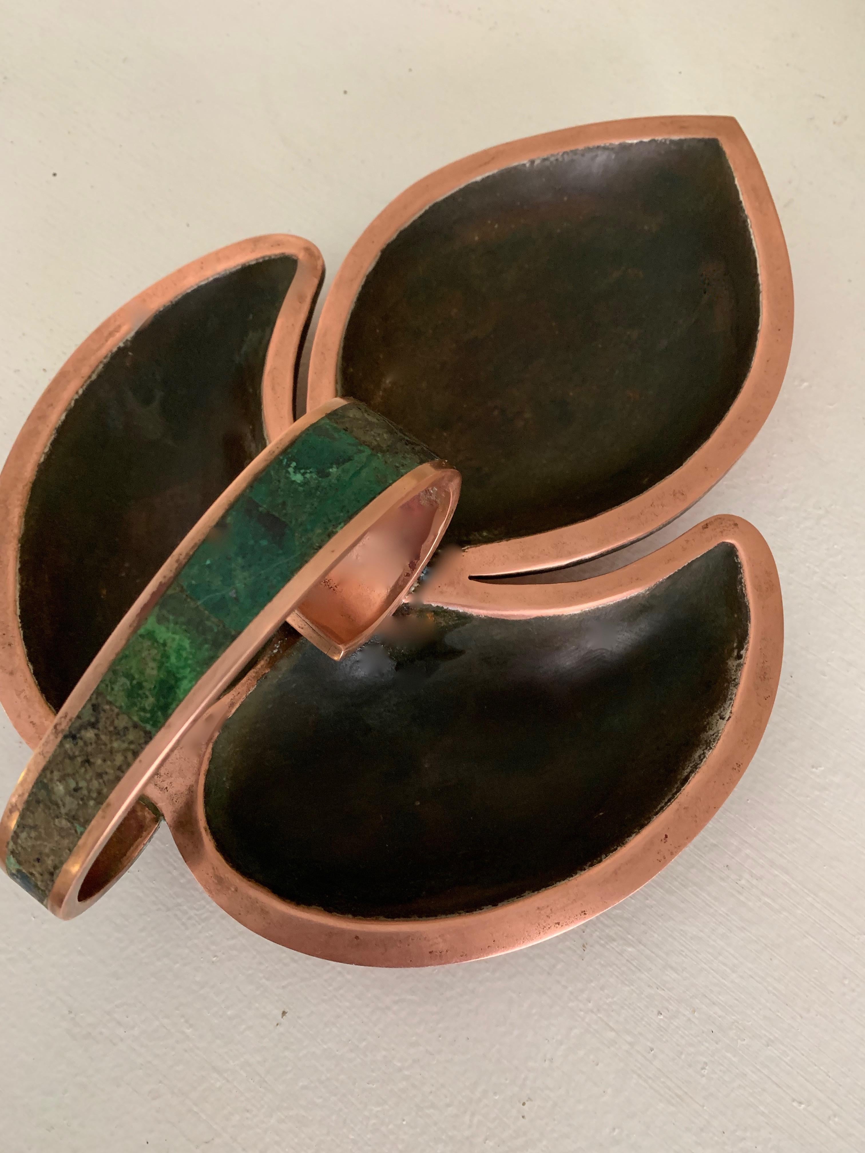 Mid-Century Modern Los Castillo Three Section Copper and Malachite Handle Dish