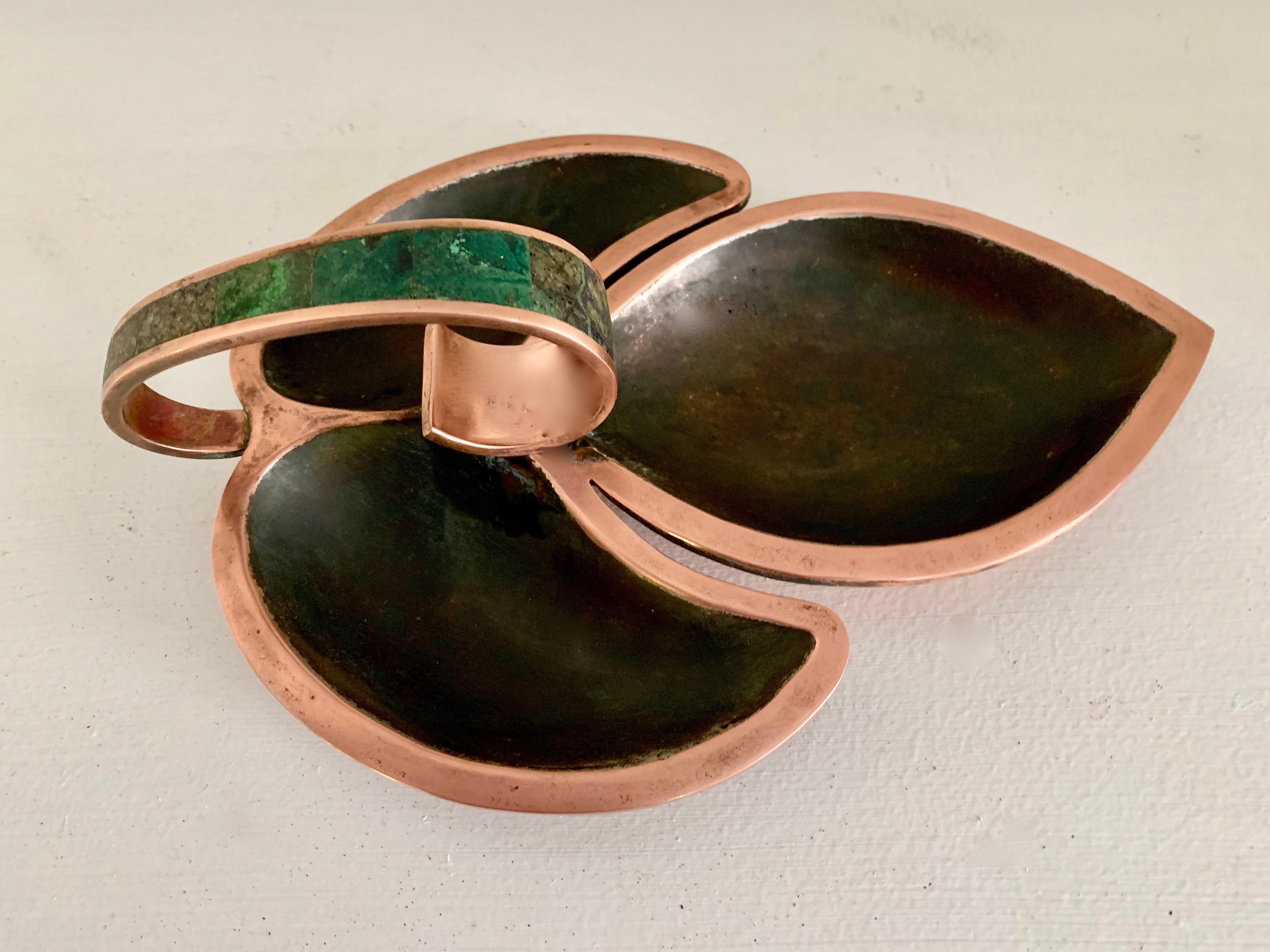 Mexican Los Castillo Three Section Copper and Malachite Handle Dish