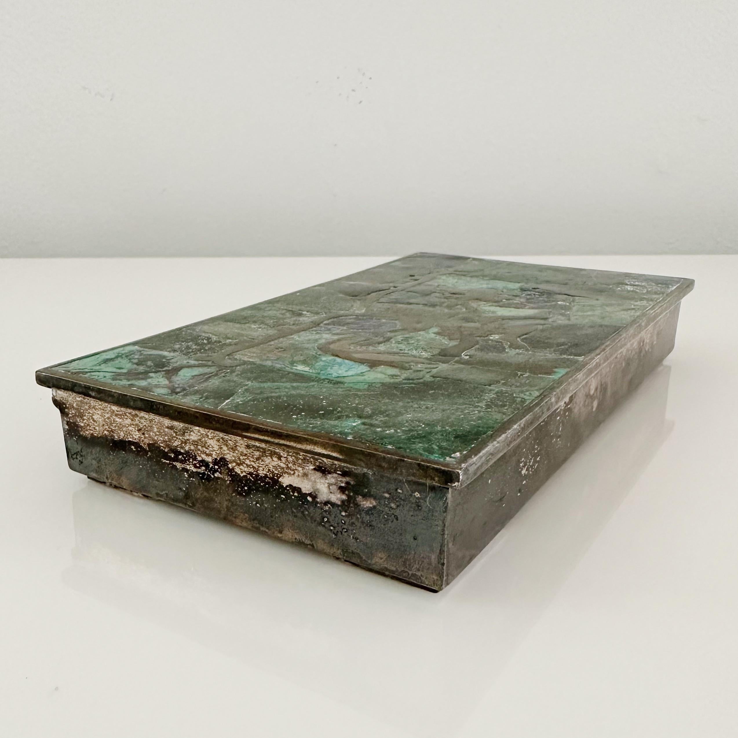 Mid-Century Modern Los Castillo Turquoise Lapis Lazuli and Malachite Inlay Silver Plate Box