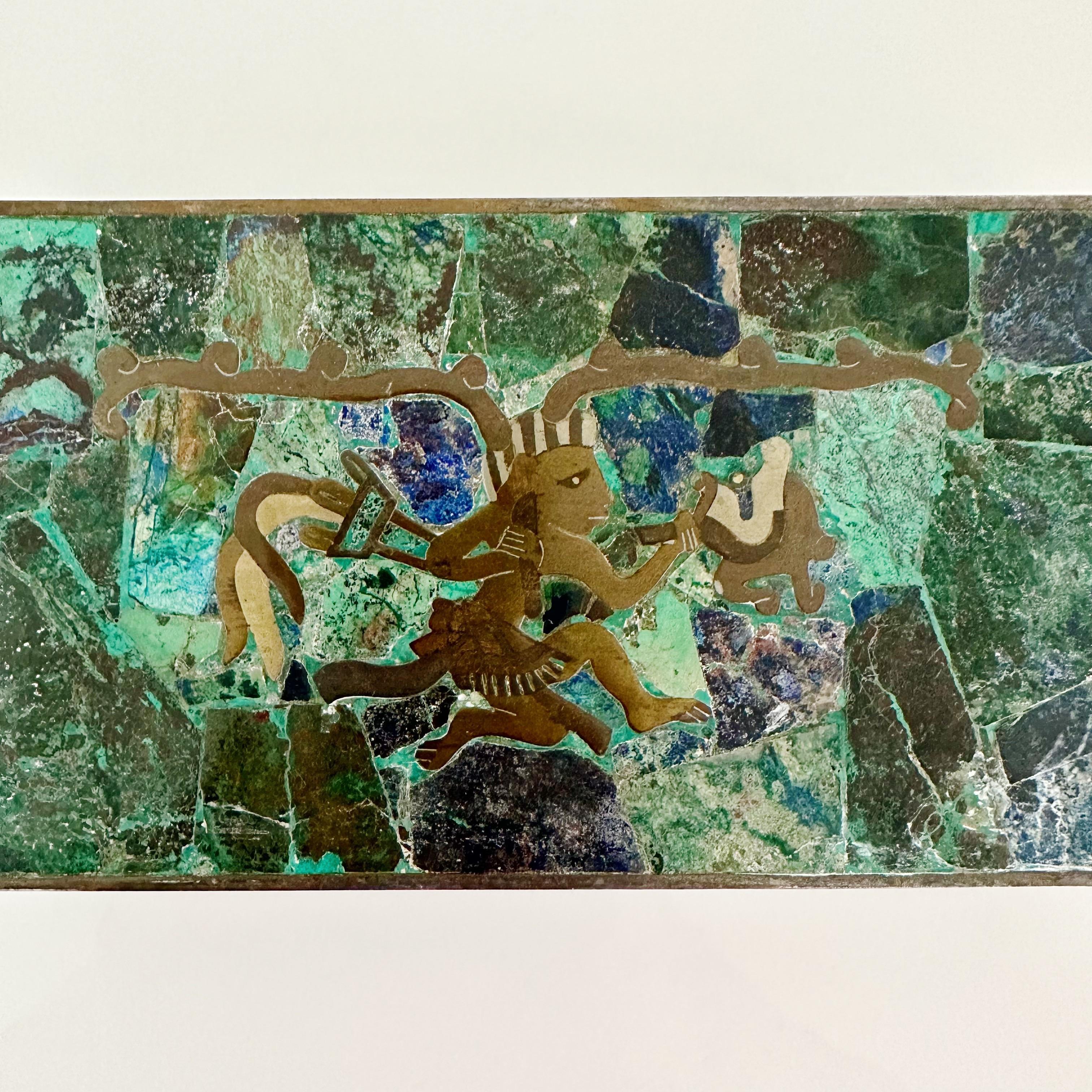 Hand-Crafted Los Castillo Turquoise Lapis Lazuli and Malachite Inlay Silver Plate Box For Sale