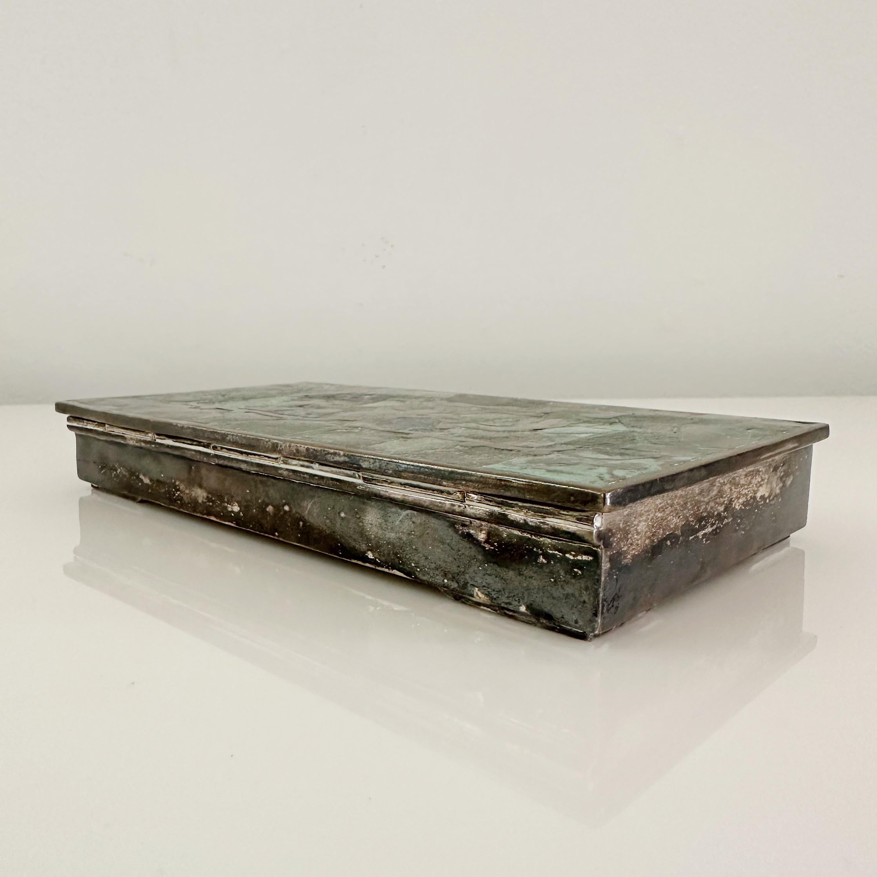 Los Castillo Turquoise Lapis Lazuli and Malachite Inlay Silver Plate Box In Good Condition In West Palm Beach, FL