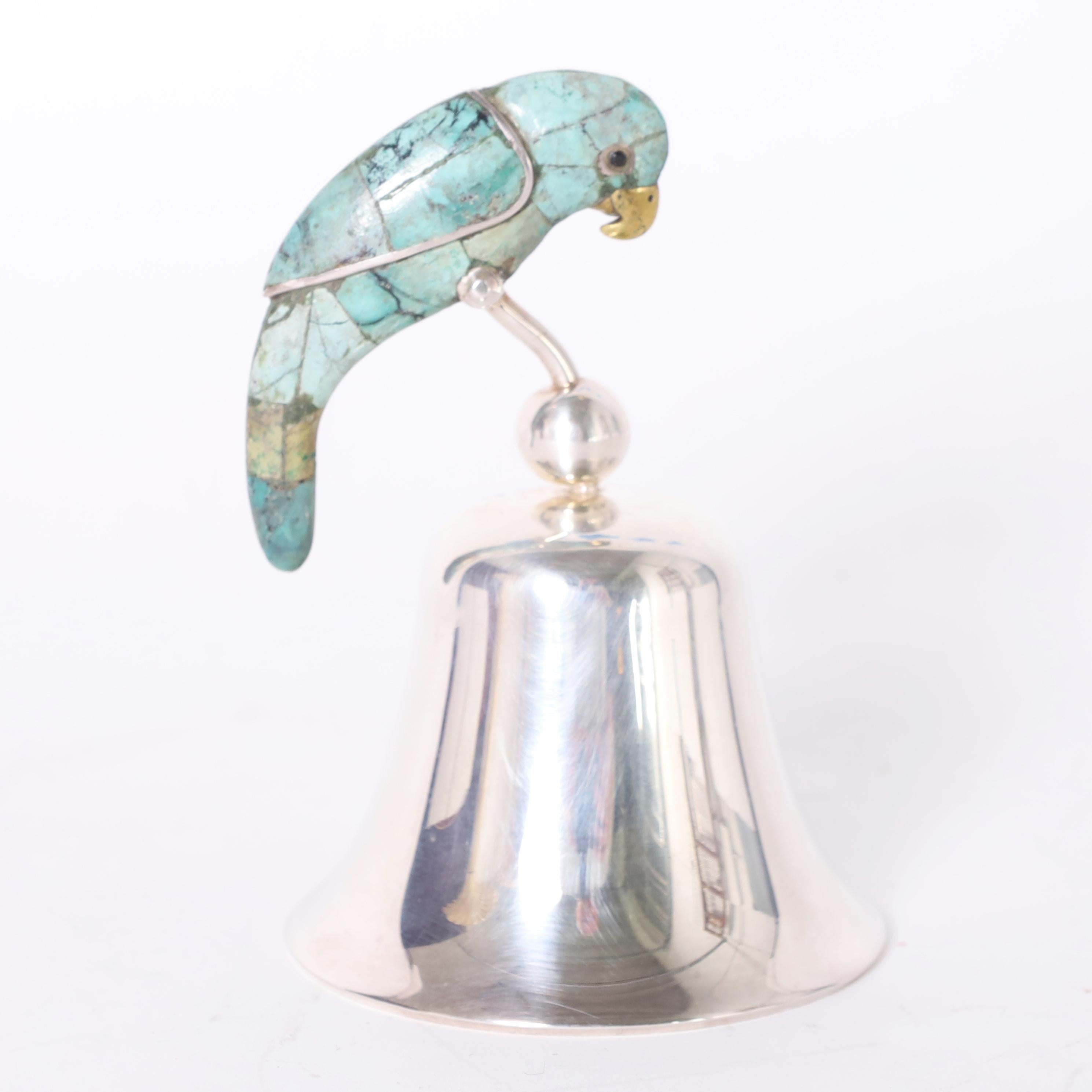 Mid-Century Modern Los Castillo Vintage Silver Plate Dinner Bell with Bird