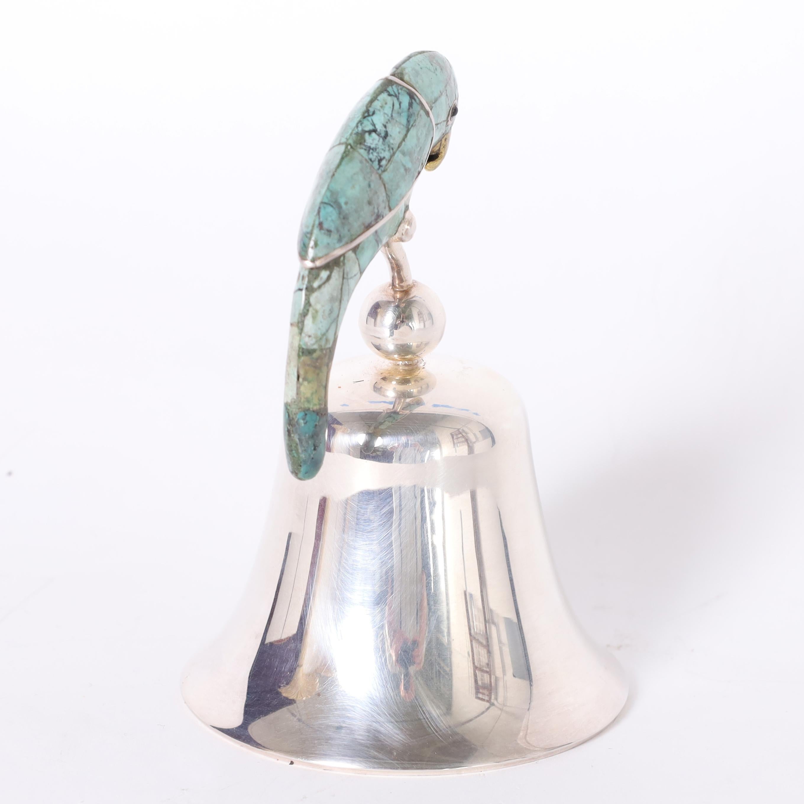 Mexican Los Castillo Vintage Silver Plate Dinner Bell with Bird