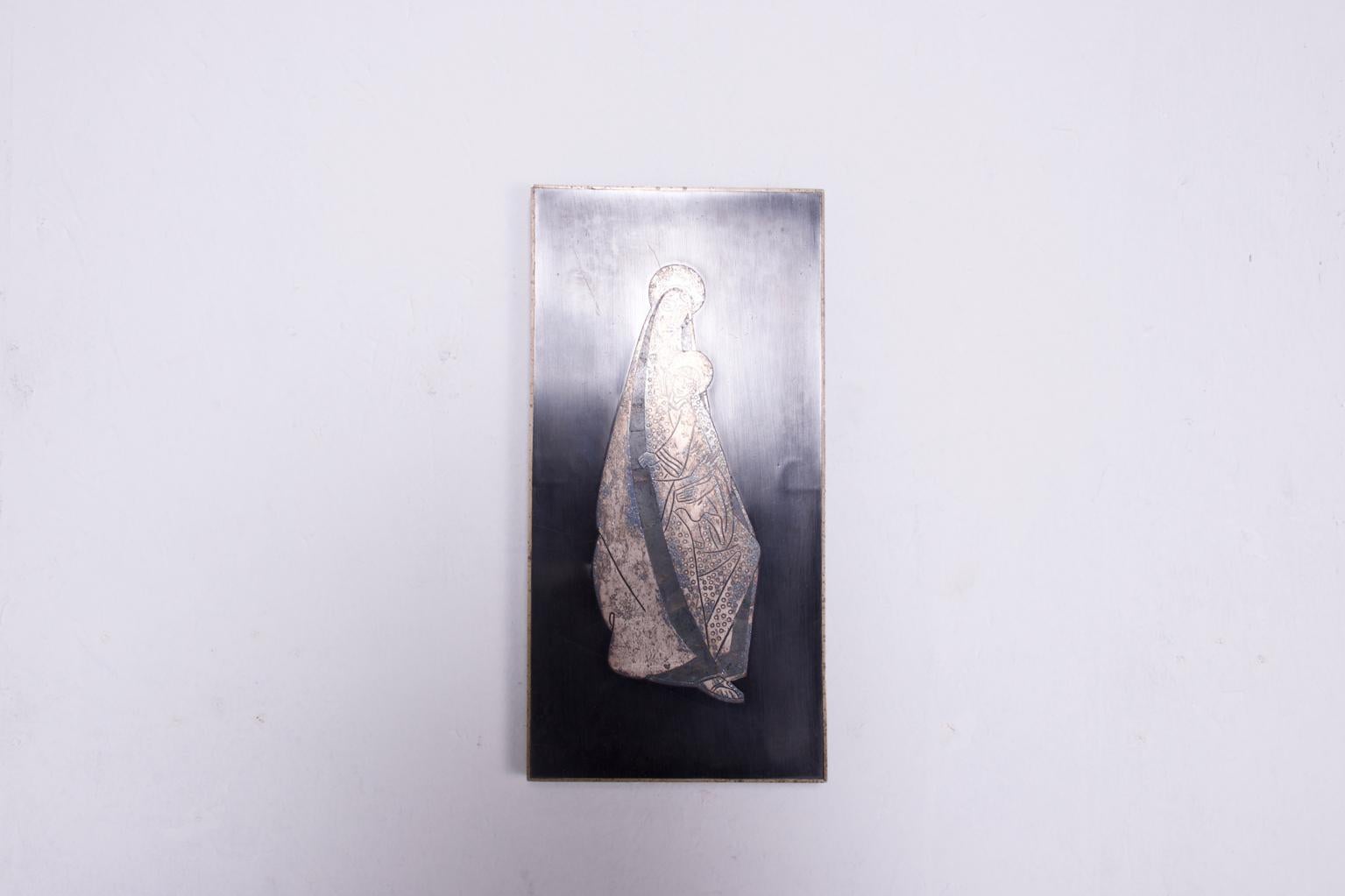 Mid-Century Modern 1970s Los Castillo Virgin Mary Silver Wall Panel Art Taxco Mexico