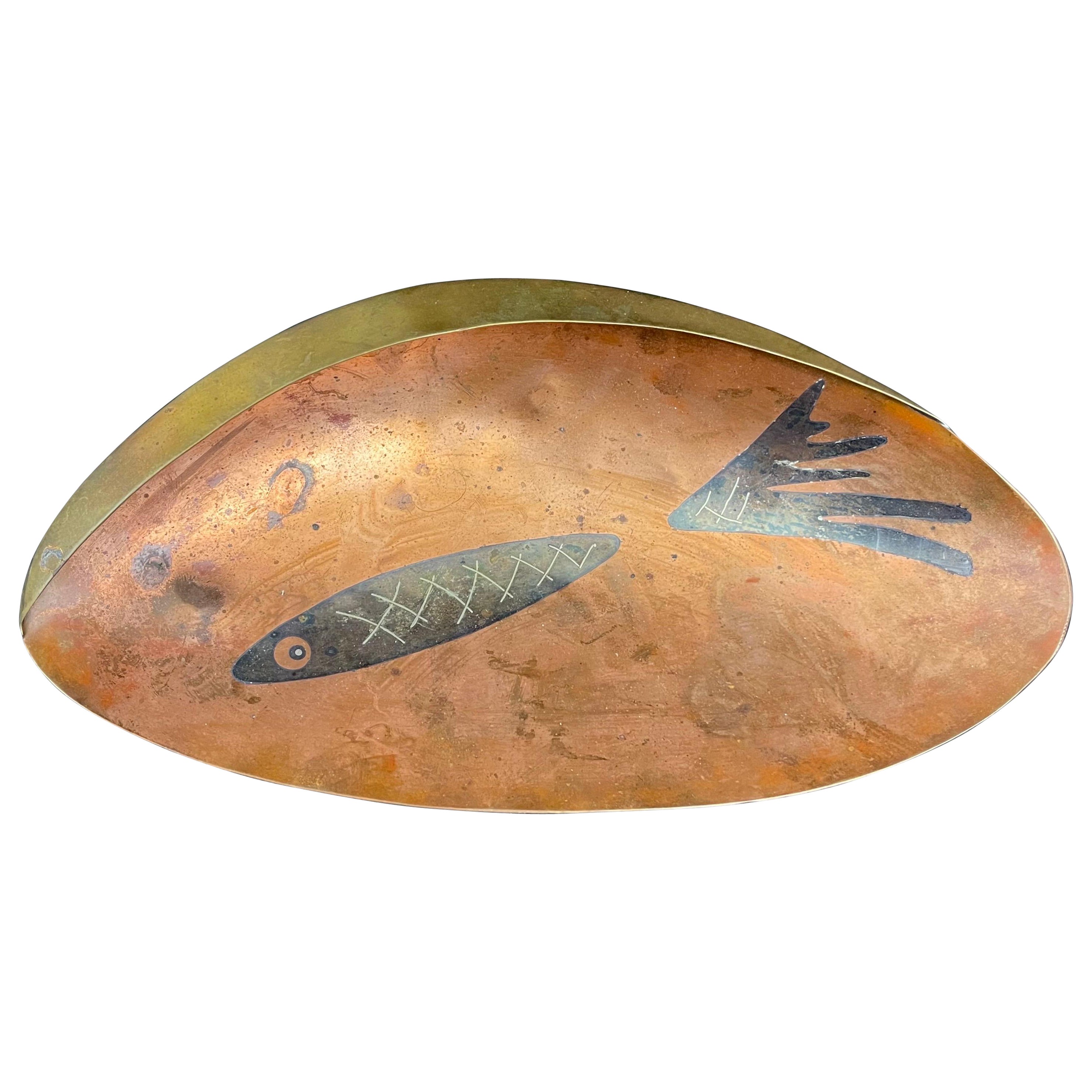 Los Castillos Copper Sterling Silver Footed Tray Dish Catchall Handmade Taxco For Sale