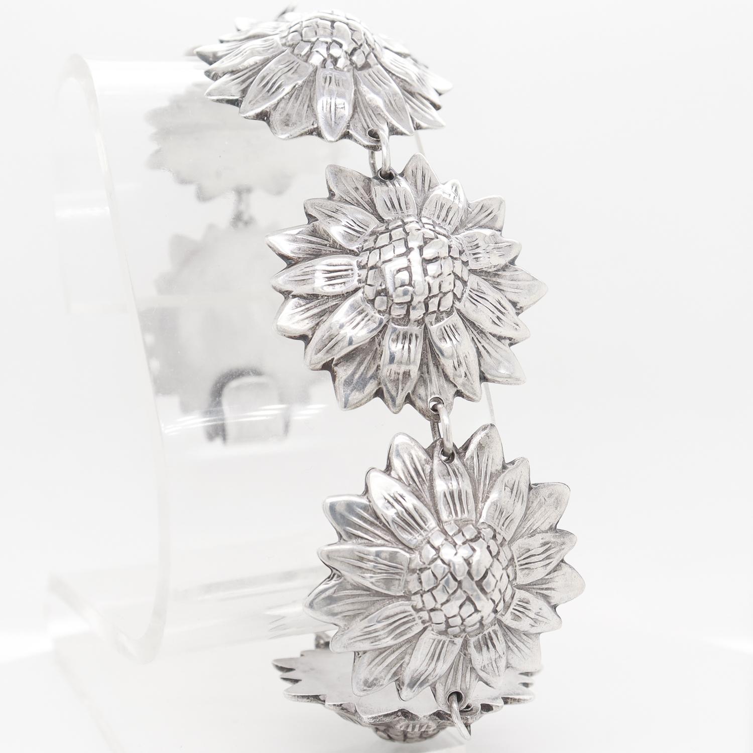 Los Castillos Mexican Mid-Century Taxco Sterling Silver Sunflowers Link Bracelet 5