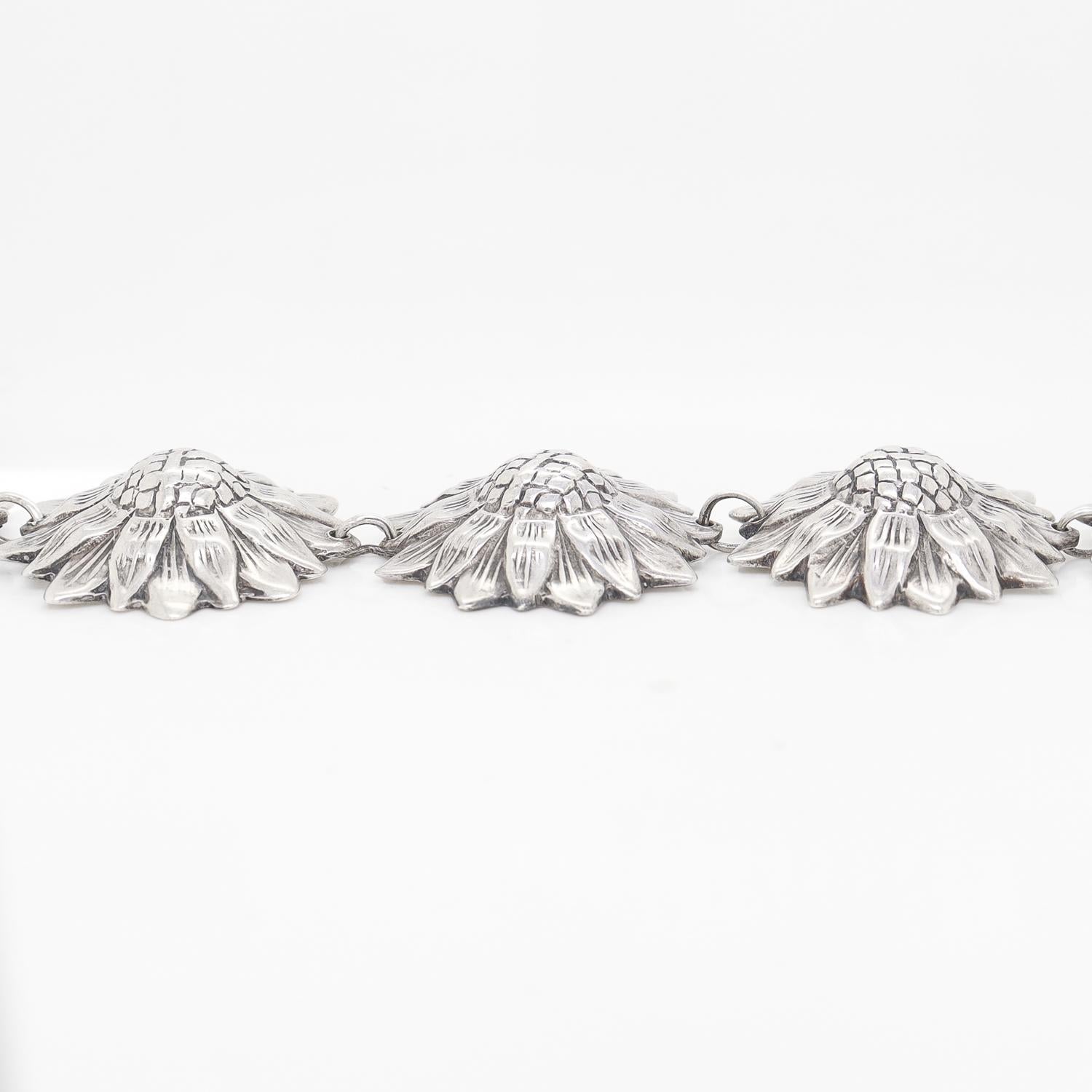 Los Castillos Mexican Mid-Century Taxco Sterling Silver Sunflowers Link Bracelet 6