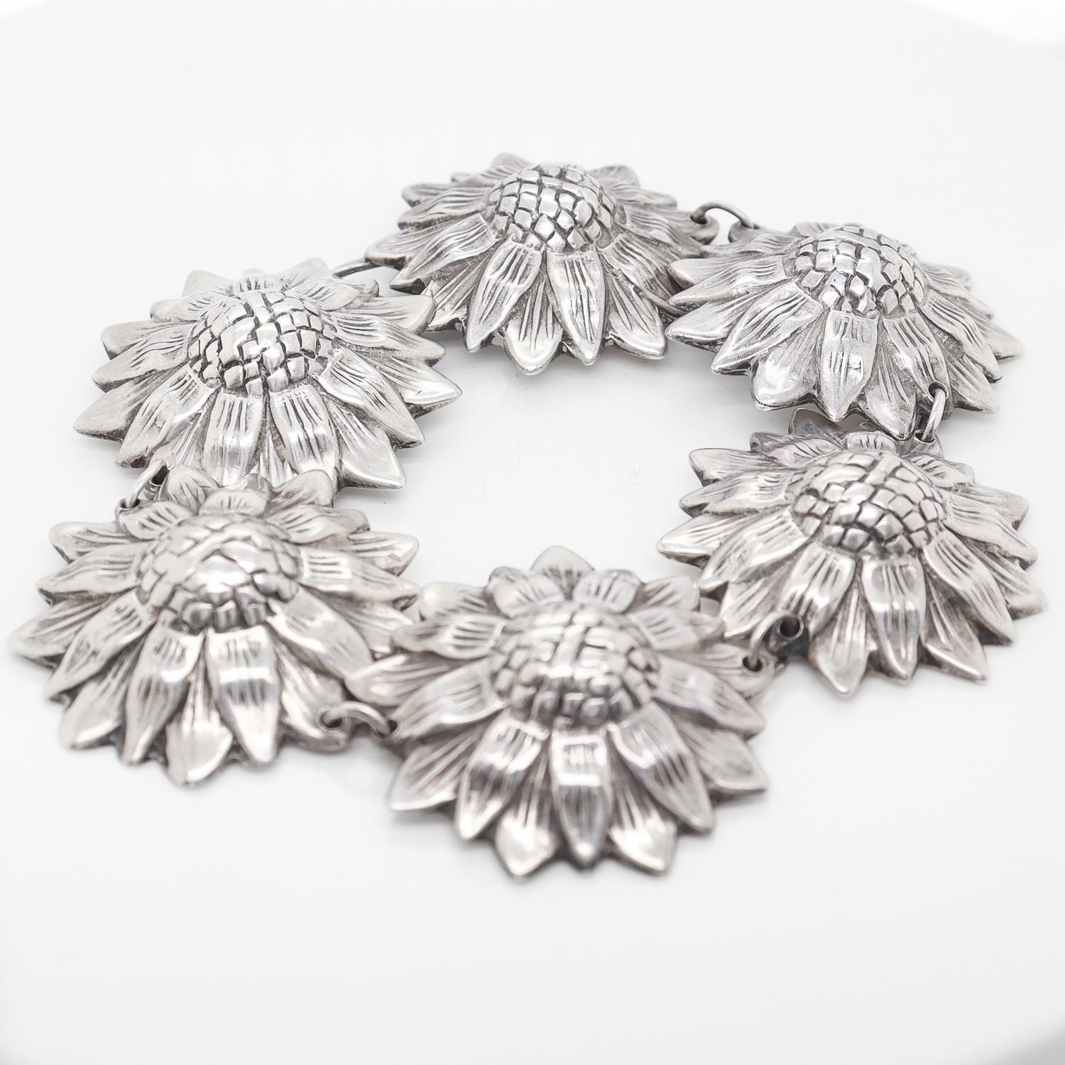 Los Castillos Mexican Mid-Century Taxco Sterling Silver Sunflowers Link Bracelet 7