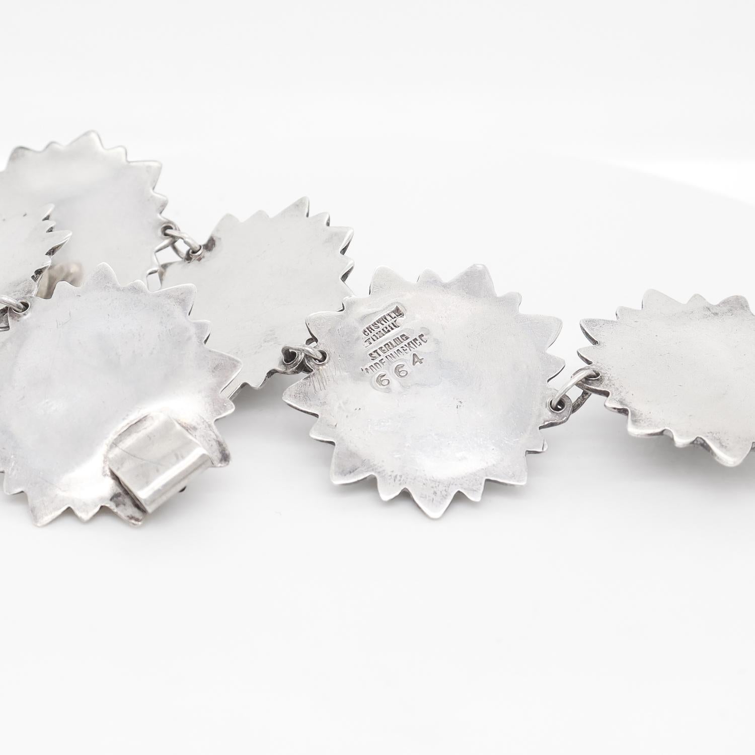 Los Castillos Mexican Mid-Century Taxco Sterling Silver Sunflowers Link Bracelet 8