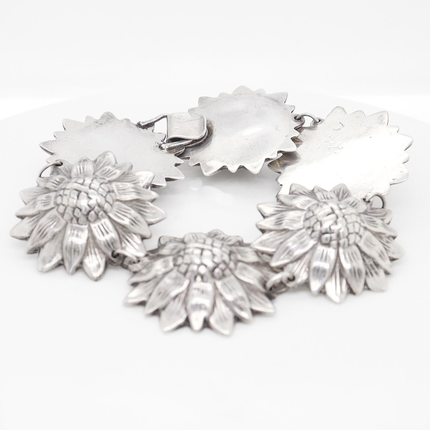 Los Castillos Mexican Mid-Century Taxco Sterling Silver Sunflowers Link Bracelet 9